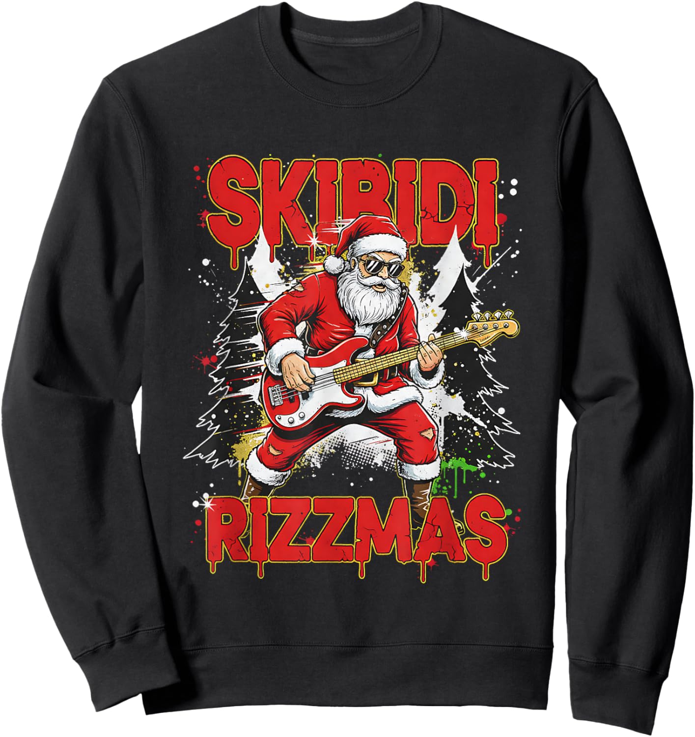 Skibidi Rizzmas Santa Playing Guitar Funny Christmas Sweatshirt - Sweatshirt | Black