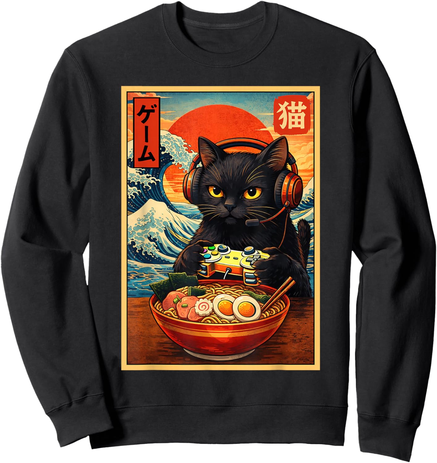 Cute Kawaii Gamer Cat Funny Ramen Retro Japanese Cat Gaming Sweatshirt - Sweatshirt | Black