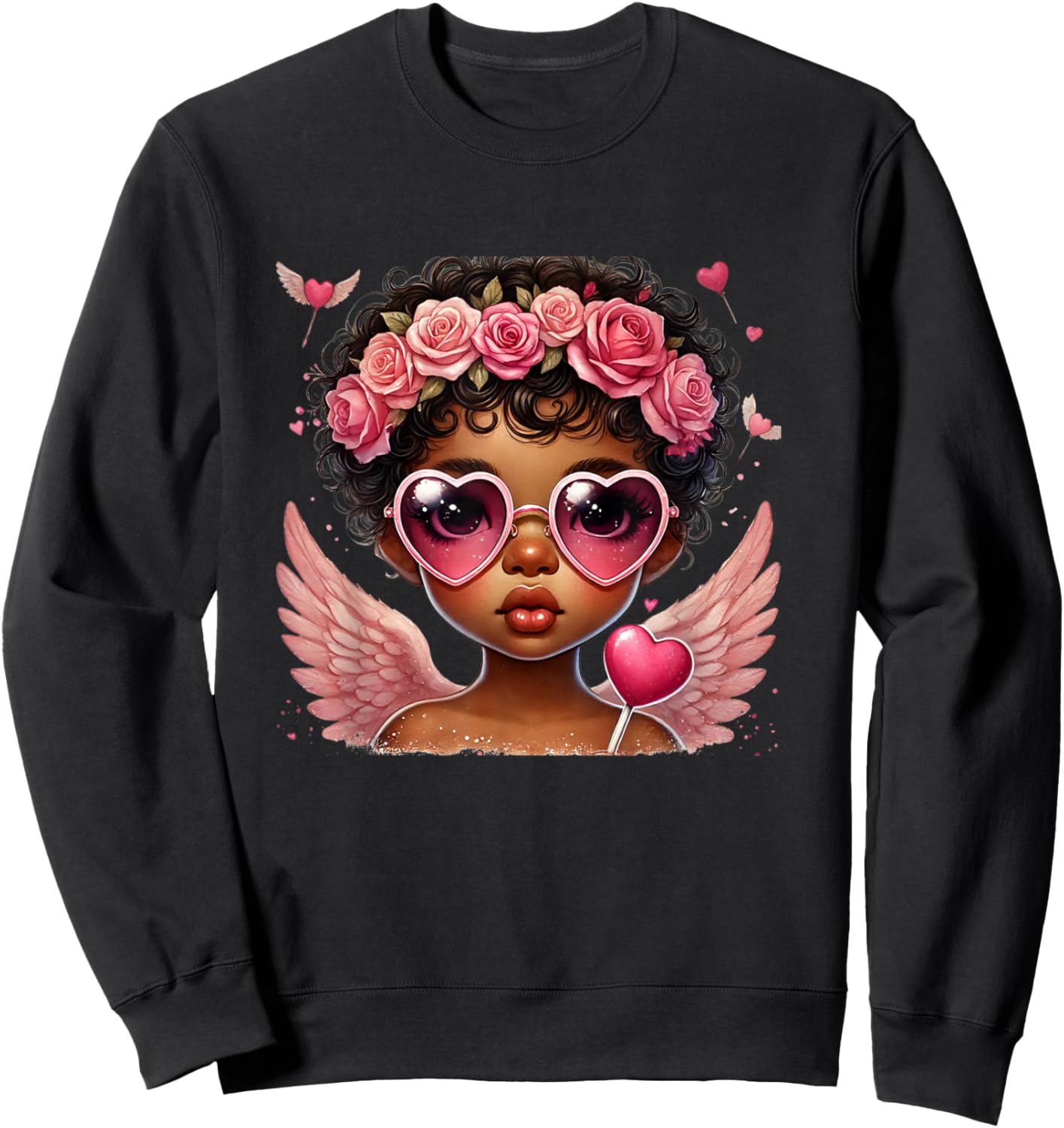 Afrocentric Black Cupid Cute Valentine Art Sweatshirt - Sweatshirt | Black