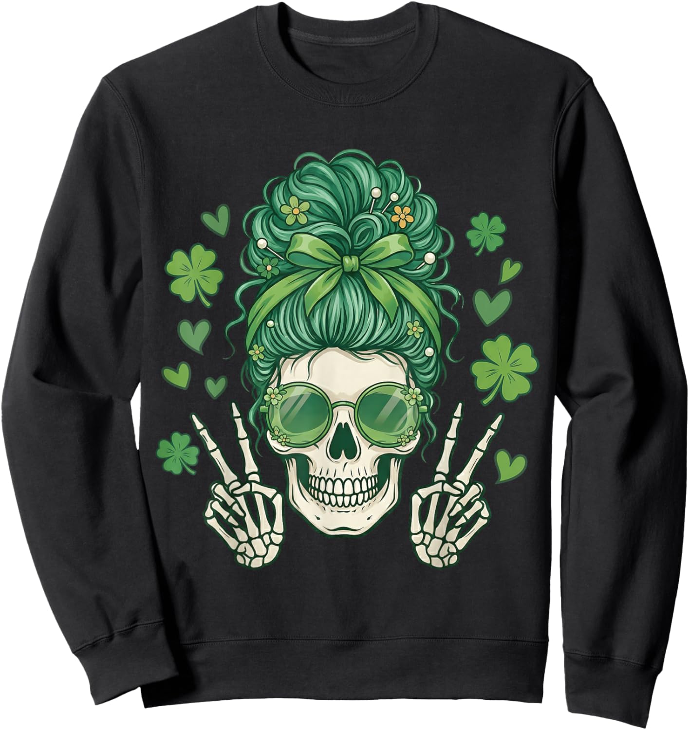 Messy Bun Skull St Patricks Day Women Girl St Paddys Pattys Sweatshirt - Sweatshirt | Black