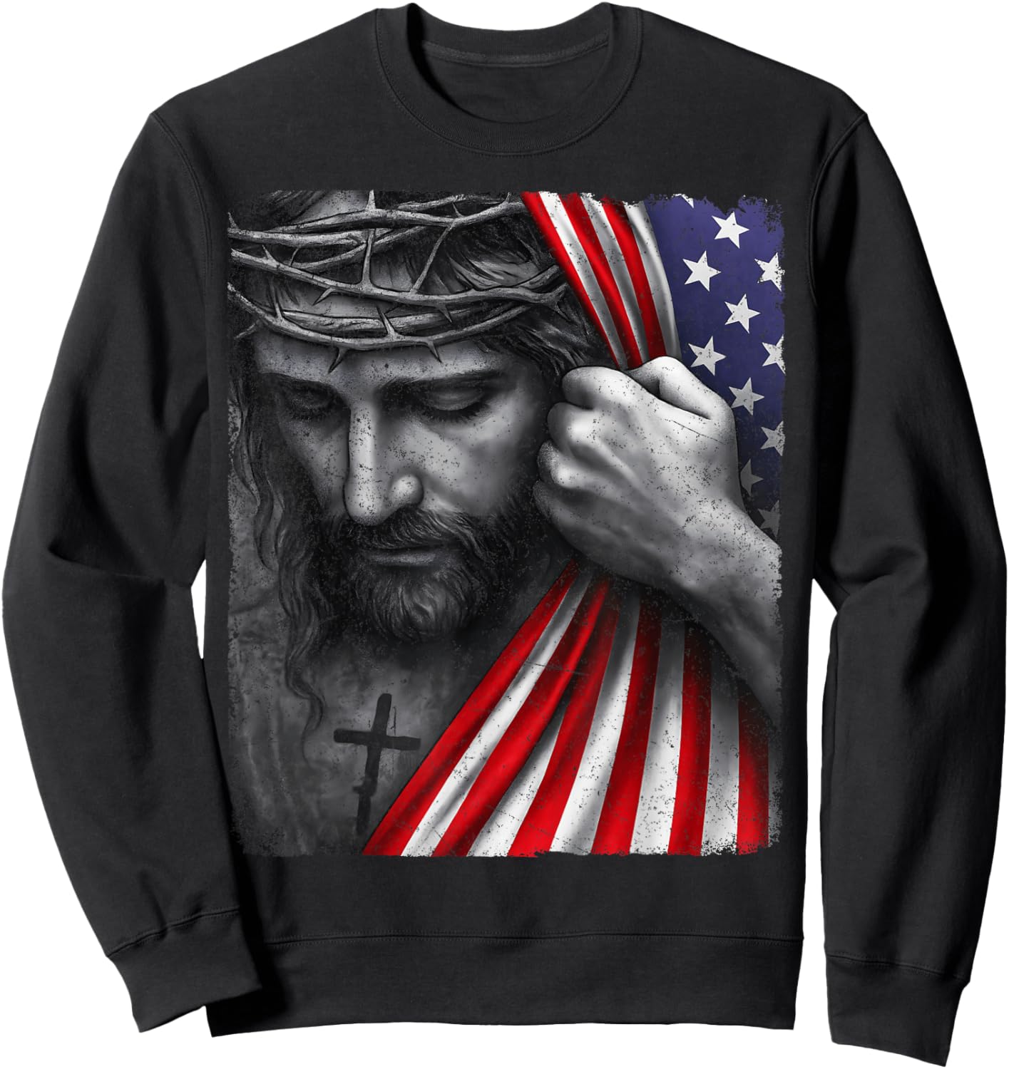 Jesus Faith Cross Crown America Patriotic Heritage Flag Sweatshirt - Sweatshirt | Black