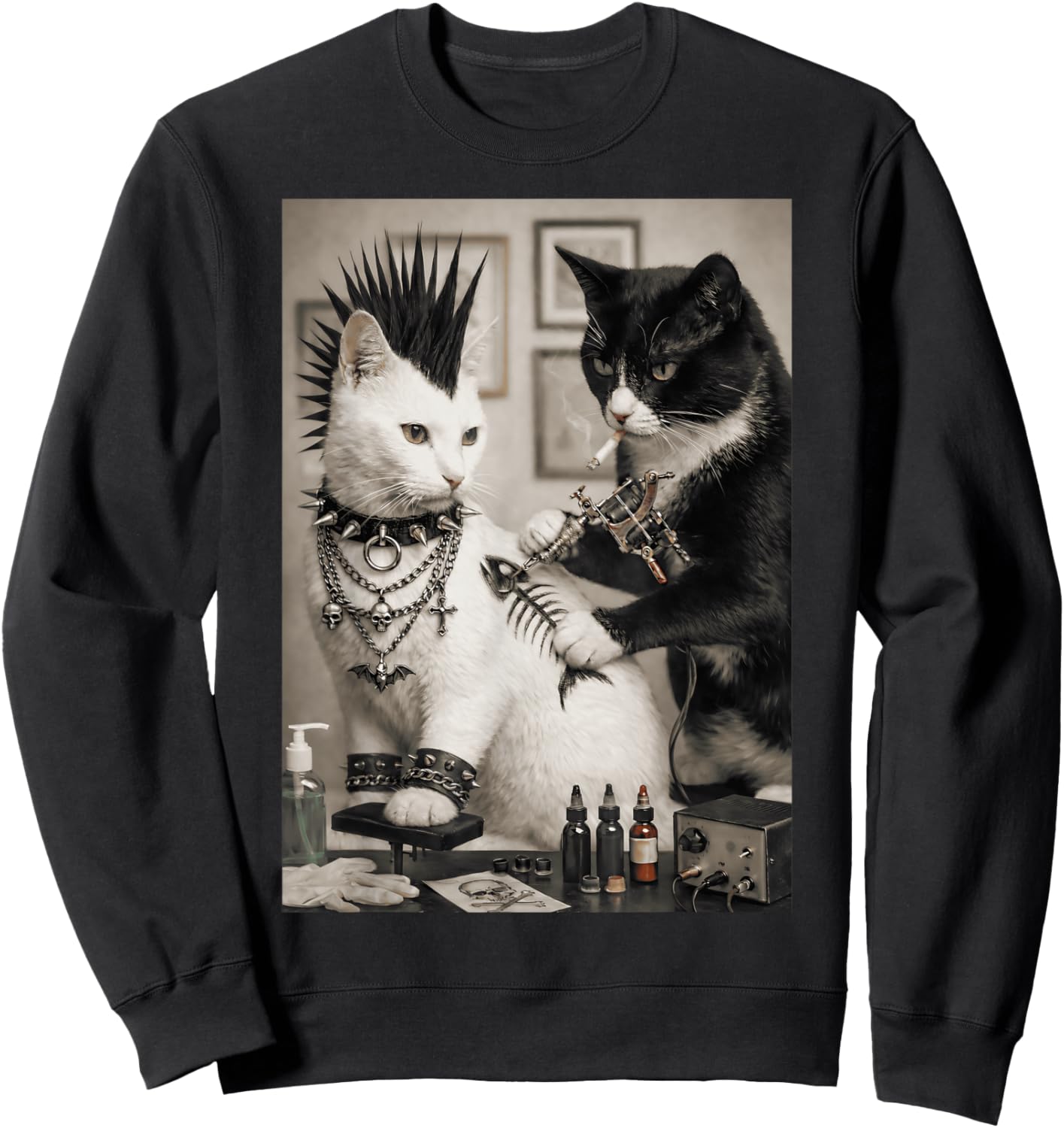 Funny Punk Cat Tattoo Artist Goth Subculture Meme Humor Sweatshirt - Sweatshirt | Black