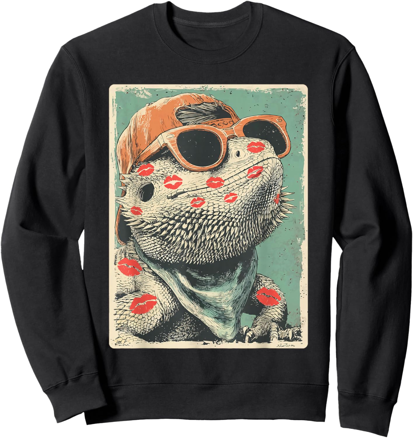 Cute Bearded Dragon with Sunglasses Kisses Valentine's Day Sweatshirt - Sweatshirt | Black