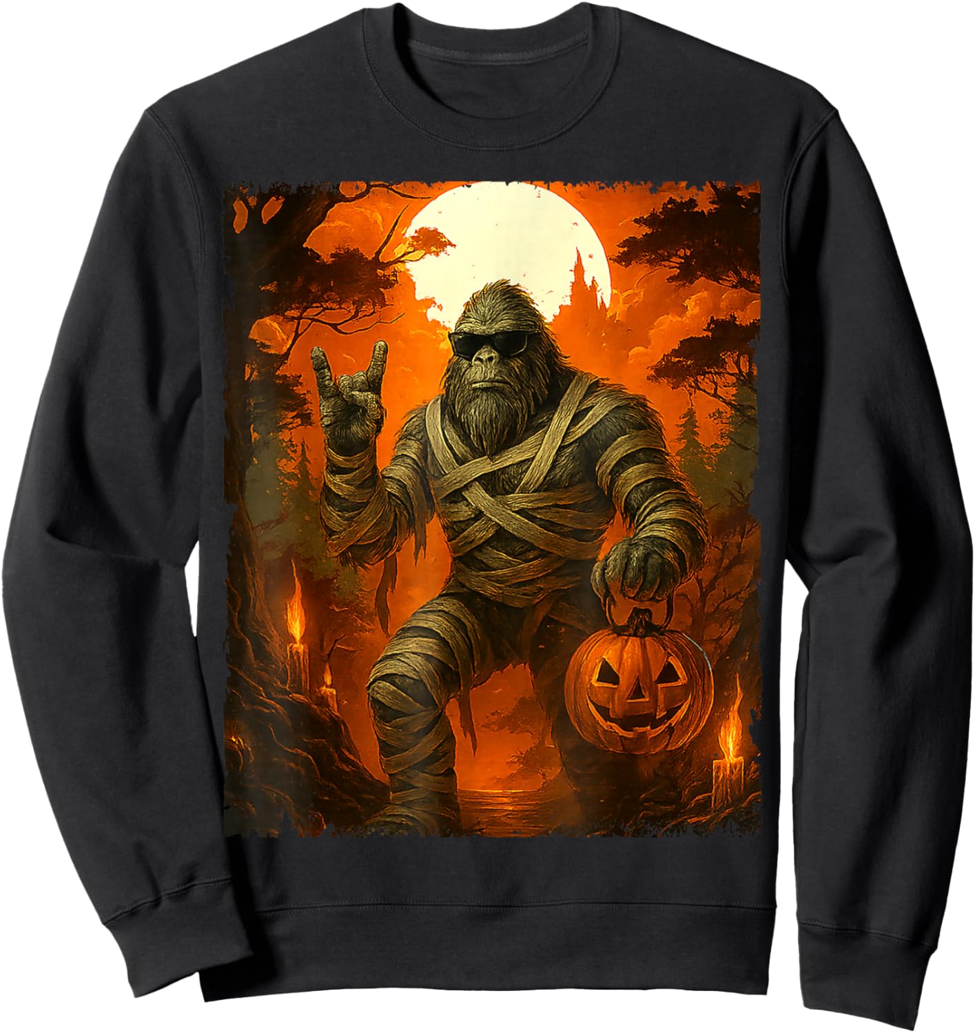 Bigfoot Mummy with Jack O’Lantern Funny Halloween Costume Sweatshirt - Sweatshirt | Black