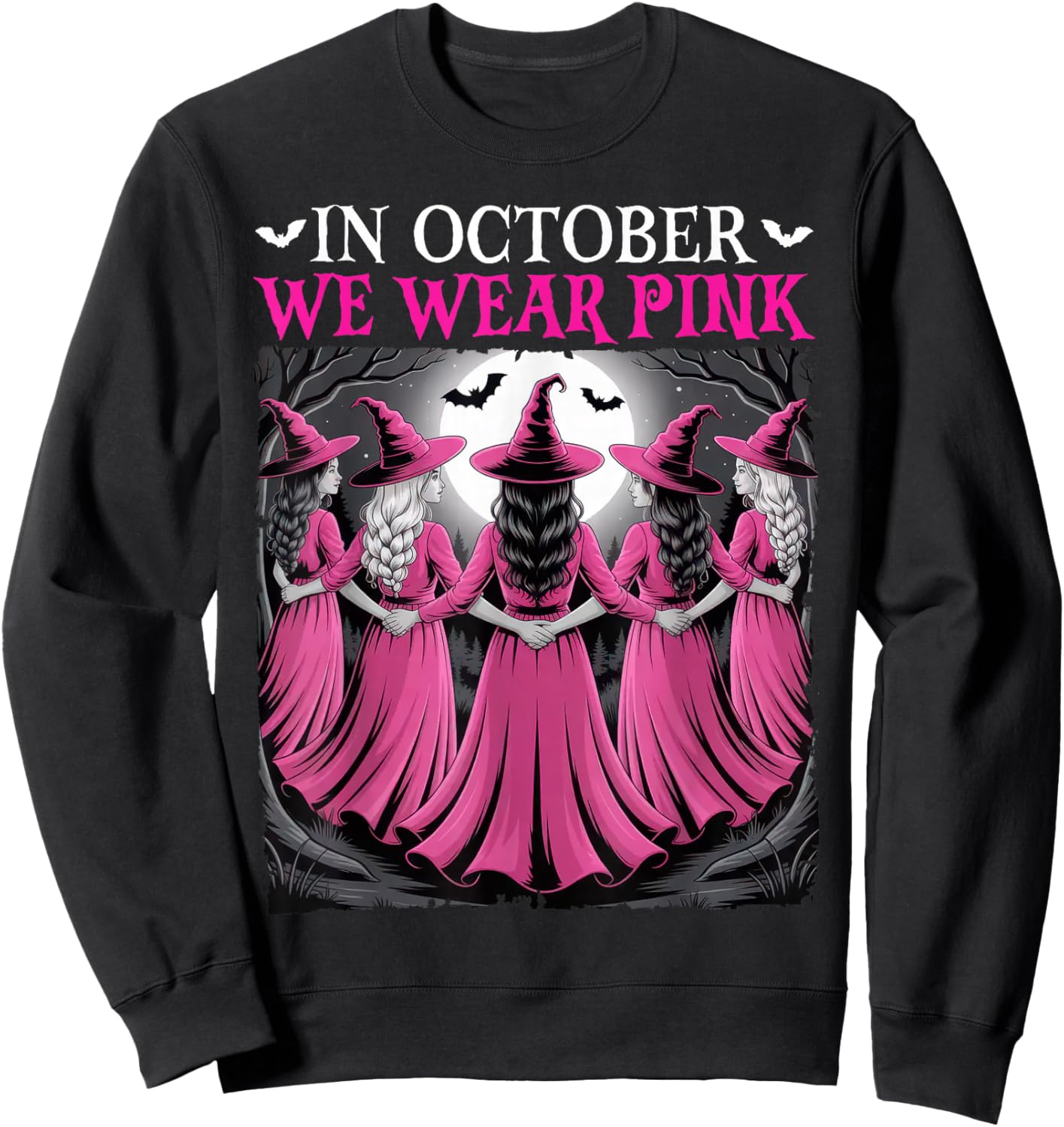 in October We Wear Pink Witch Halloween Breast Cancer Women Sweatshirt - Sweatshirt | Black