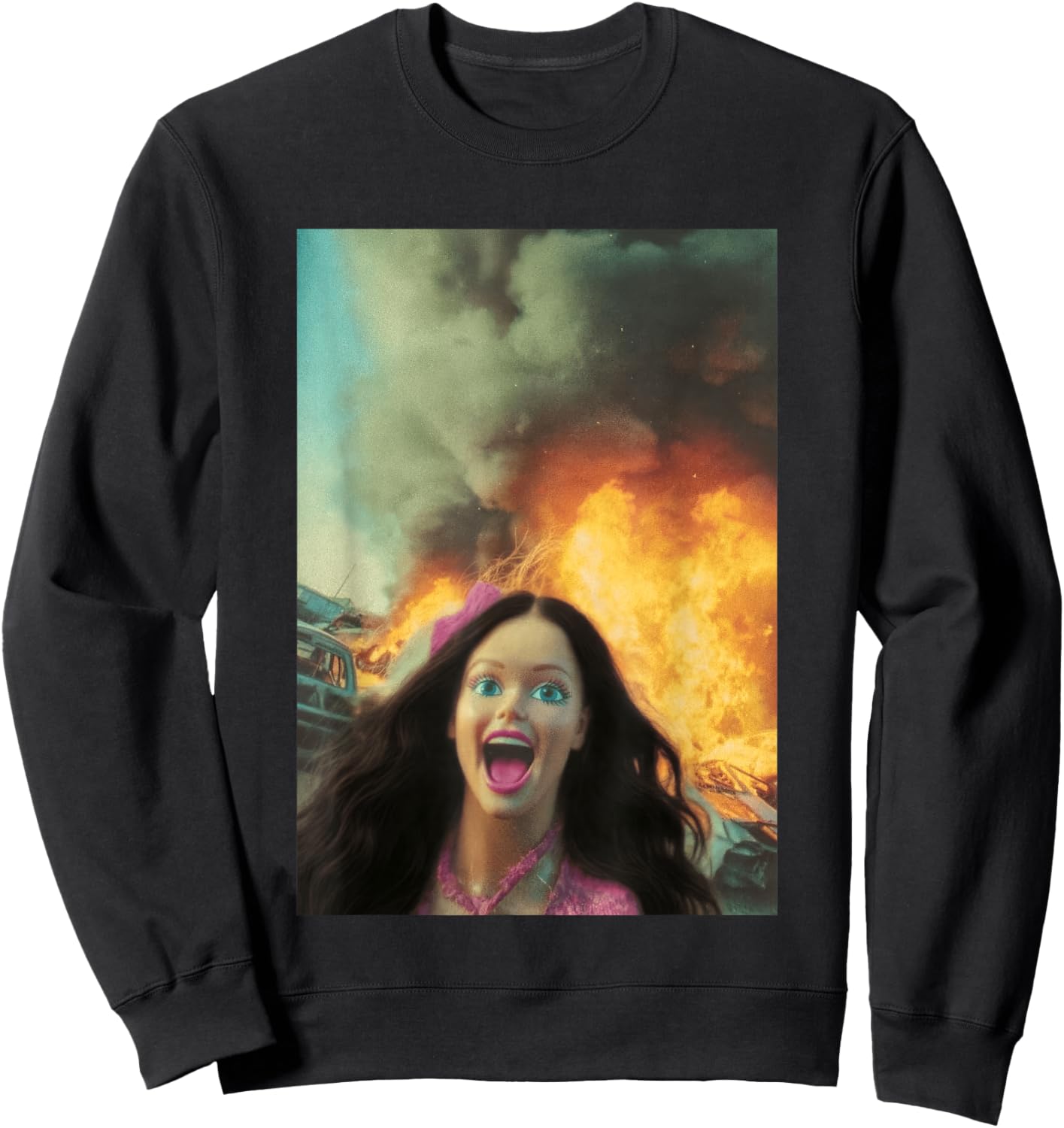 Funny Chaotic Disaster Doll Meme Selfie Background on fire Sweatshirt - Sweatshirt | Black