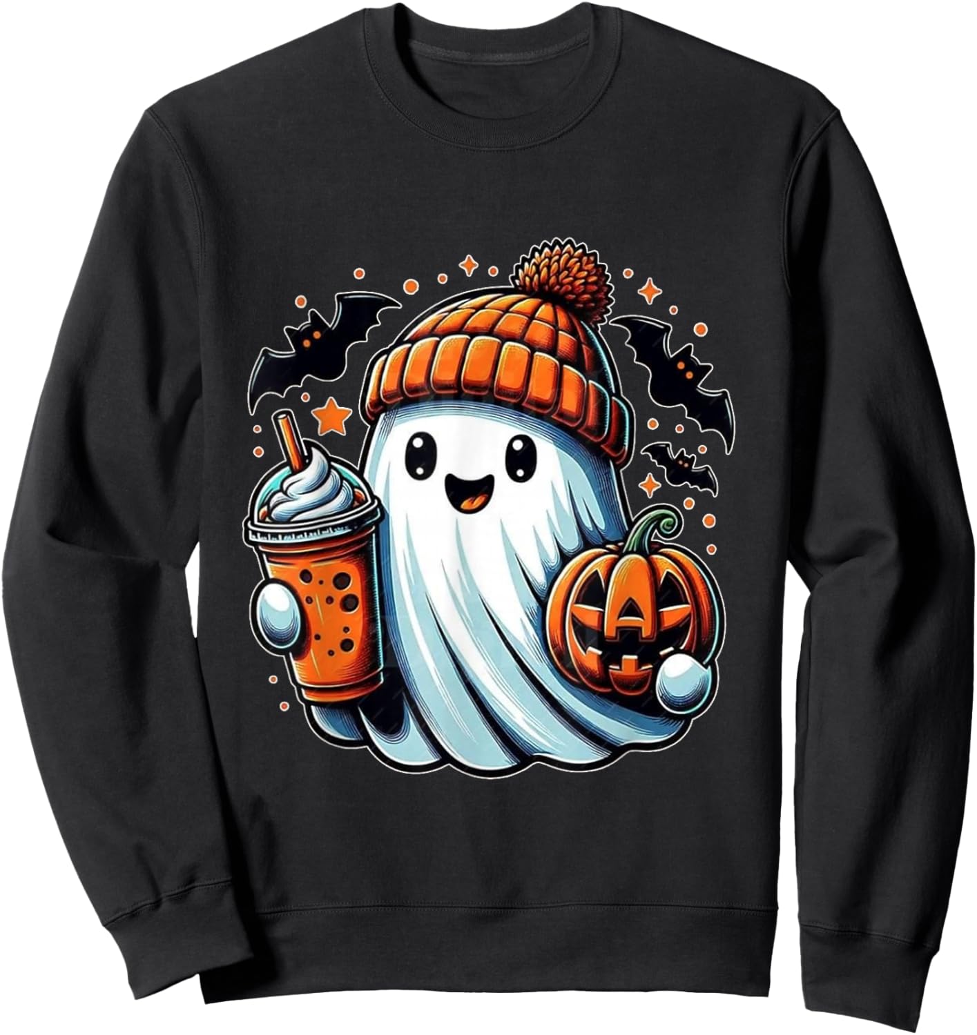 Cute Ghost Drinking Ice Coffee Halloween Pumpkin Sweatshirt - Sweatshirt | Black