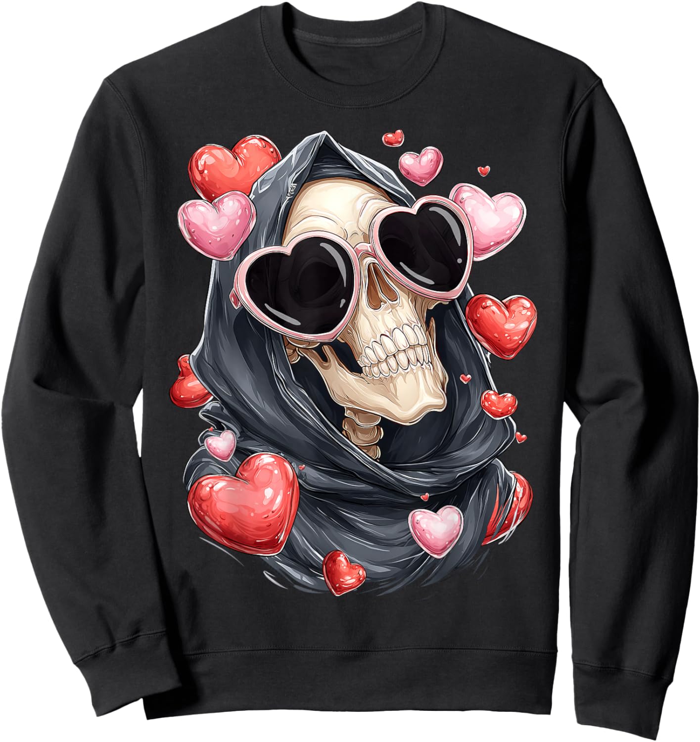 Grim Reaper The Death Skull Valentine's Day Heart Sunglasses Sweatshirt - Sweatshirt | Black