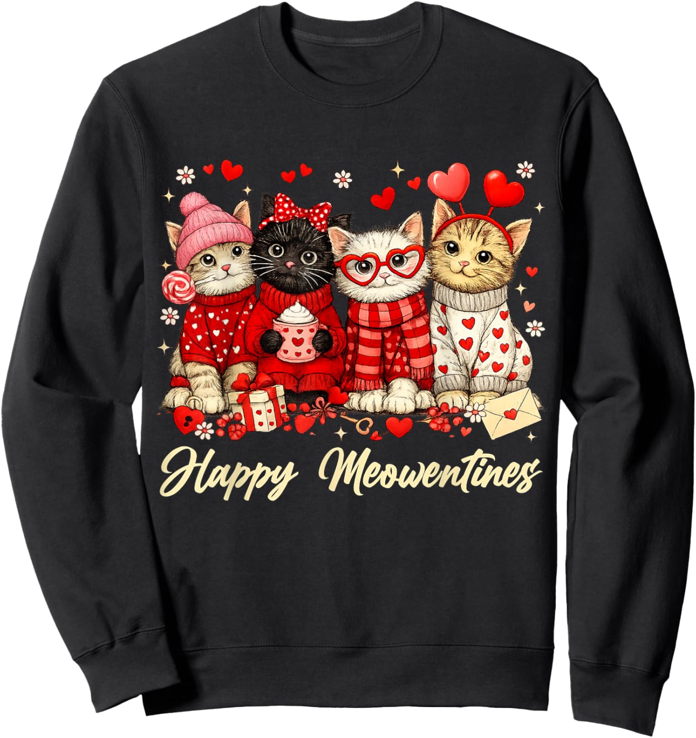 Funny Valentines Day Cats Happy Meowentines Kitten Hearts Sweatshirt - Sweatshirt | Black