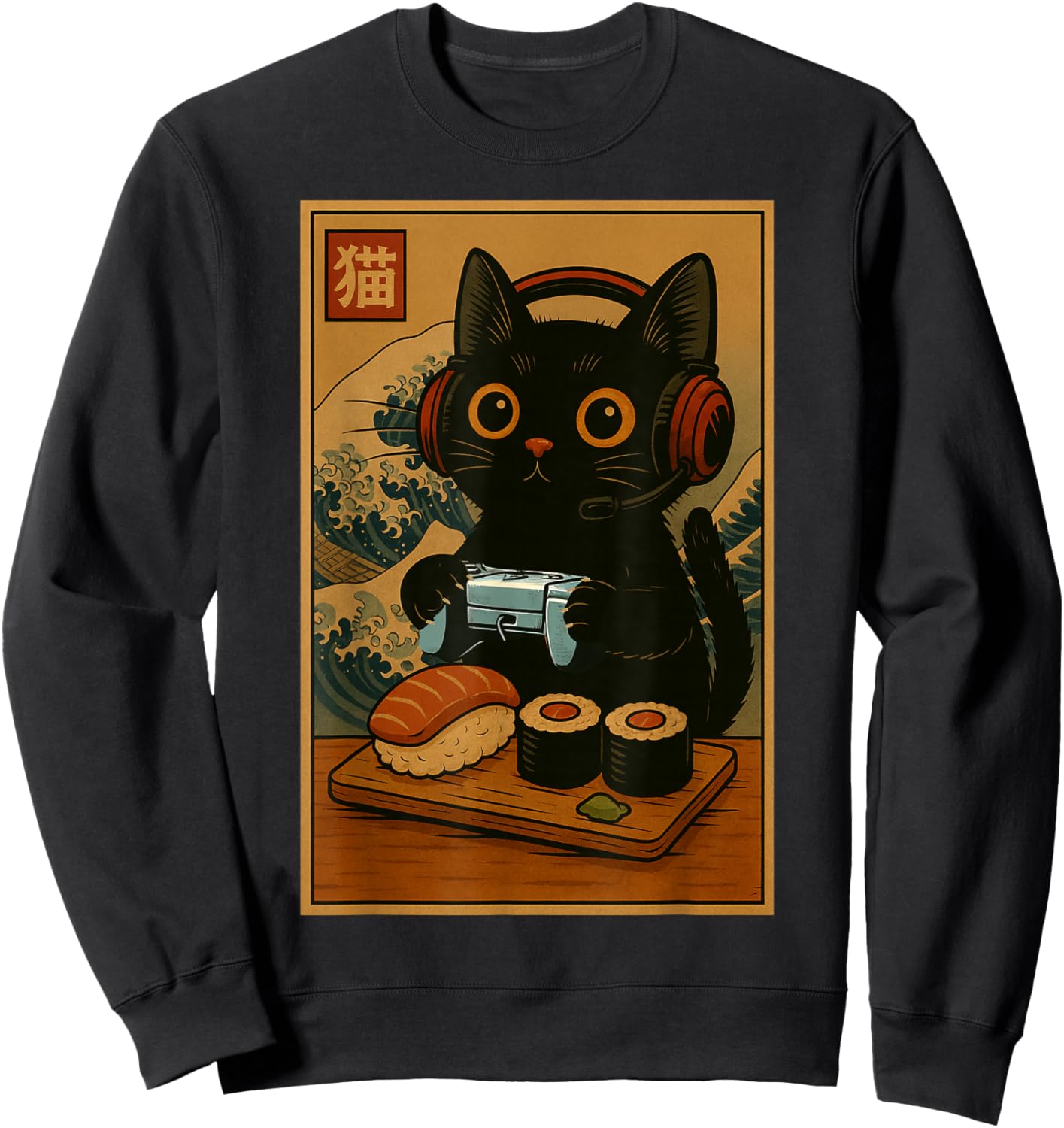 Cute Kawaii Gamer Cat Funny Sushi Retro Japanese Cat Gaming Sweatshirt - Sweatshirt | Black