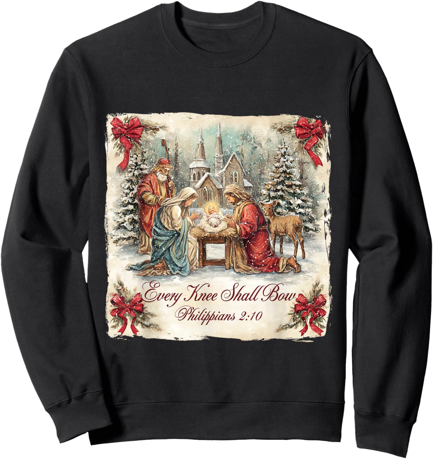 Bow Santa Christmas Nativity Scene Every Knee Shall Xmas Sweatshirt - Sweatshirt | Black