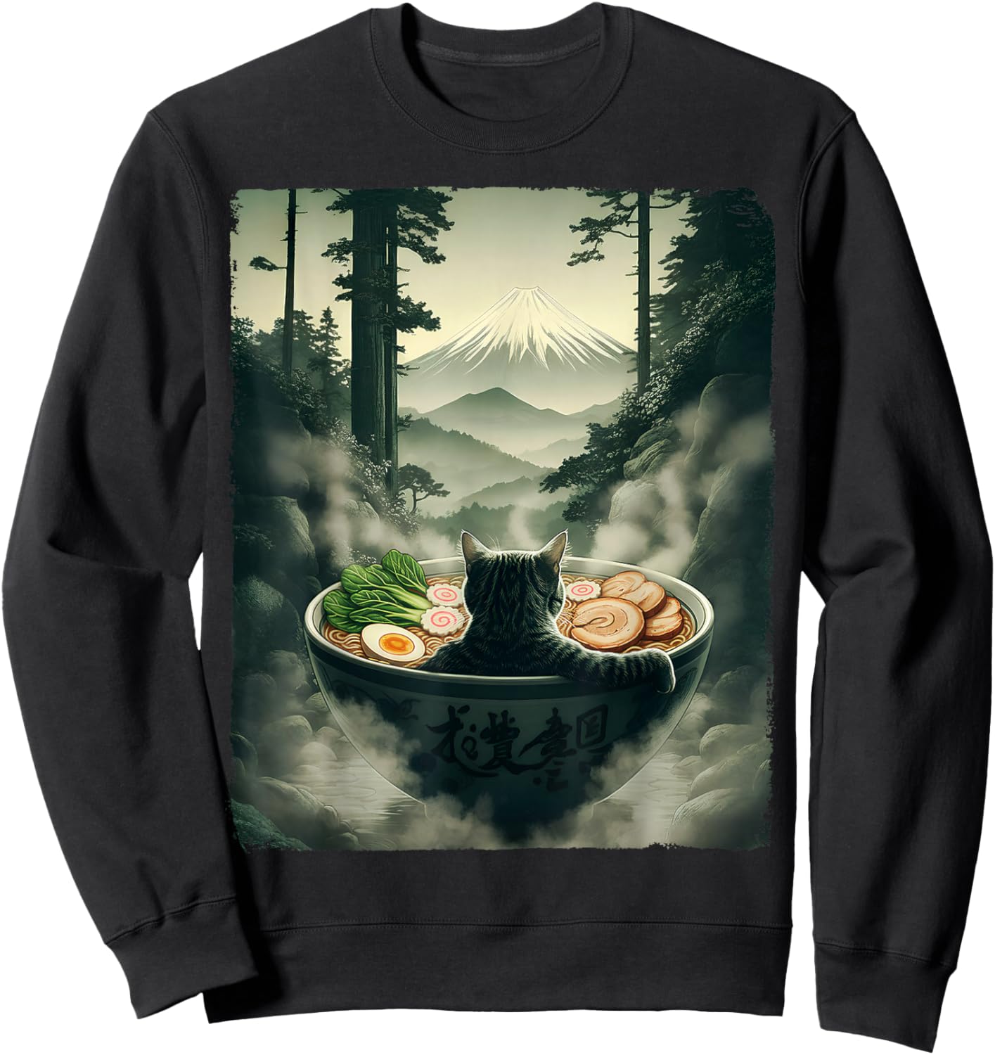 Cat Ramen Mount Fuji Zen Aesthetic Funny Japanese Graphic Sweatshirt - Sweatshirt | Black