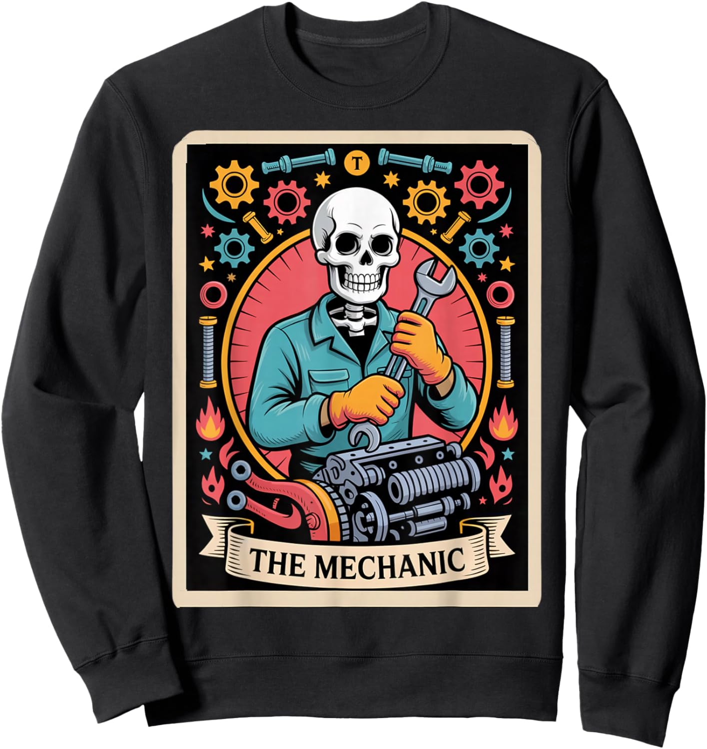 Skeleton Mechanic Tarot Card– Funny Auto Repair Sweatshirt - Sweatshirt | Black