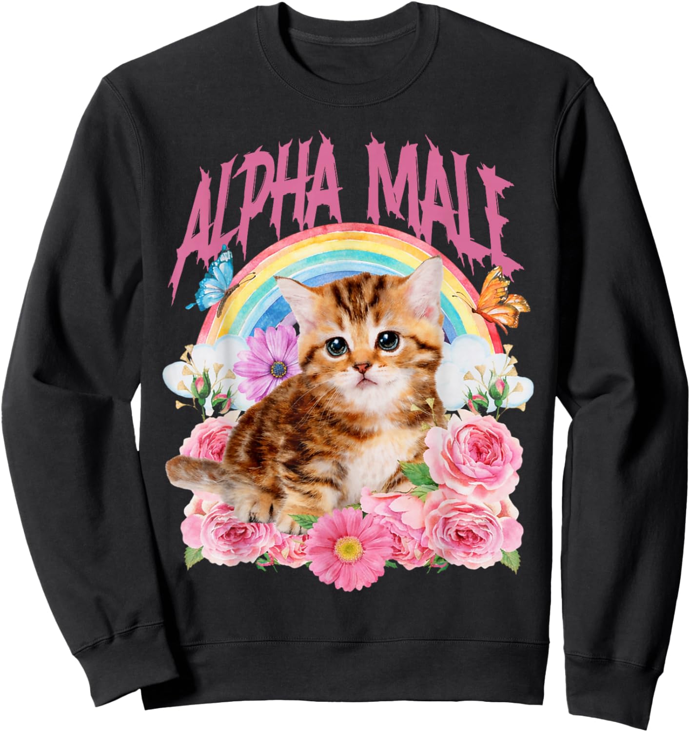 Alpha Male Funny Cat Kitten Rainbow Floral Sweatshirt - Sweatshirt | Black