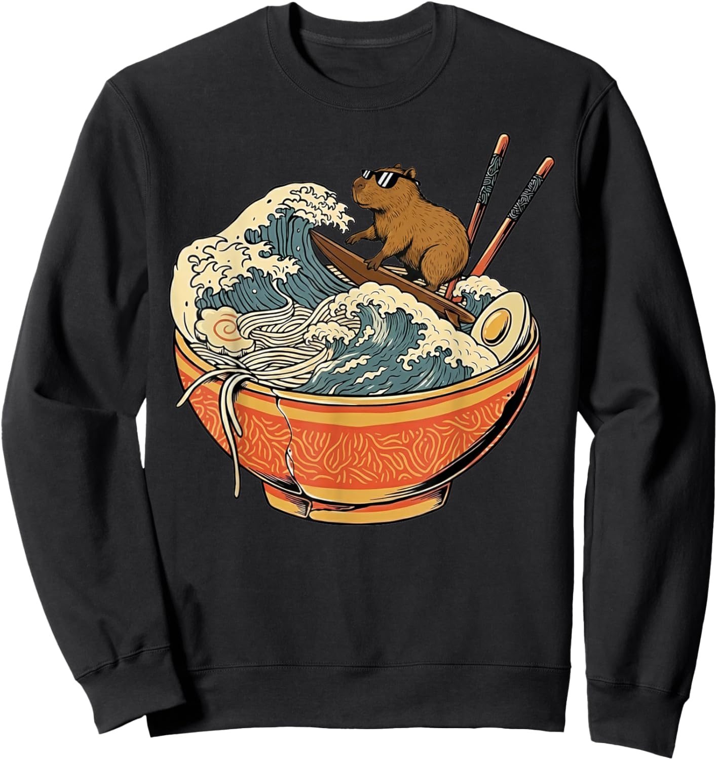 Capybara Surfing Japanese Capybara Ramen Anime Sweatshirt - Sweatshirt | Black