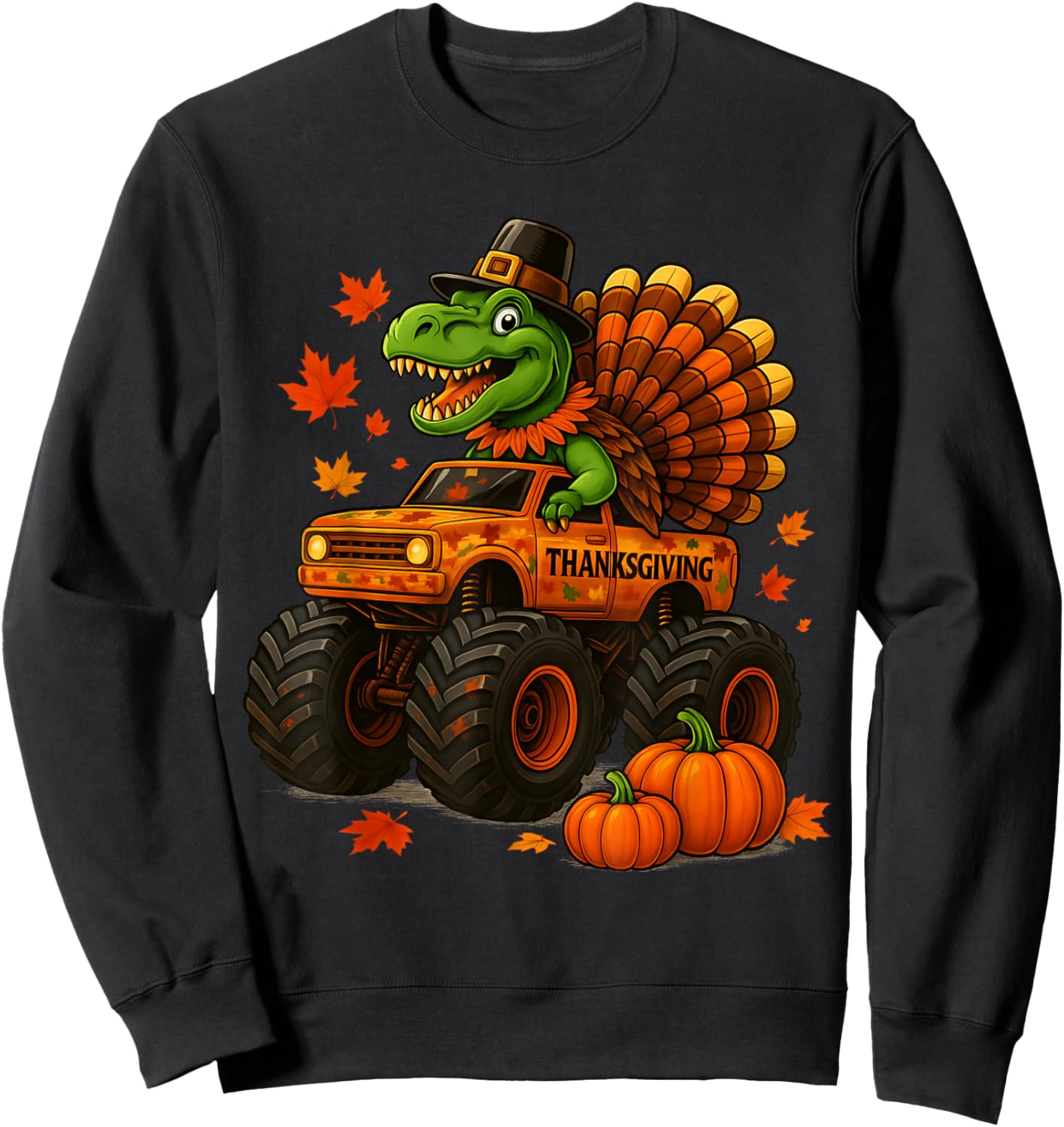 Monster Truck Trex Dinosaur Turkey Fall Thanksgiving Boy Kid Sweatshirt - Sweatshirt | Black