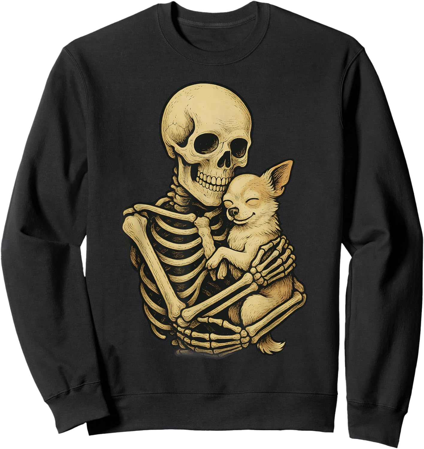 Skeleton Hugging Dog Chihuahua Funny Halloween Sweatshirt - Sweatshirt | Black