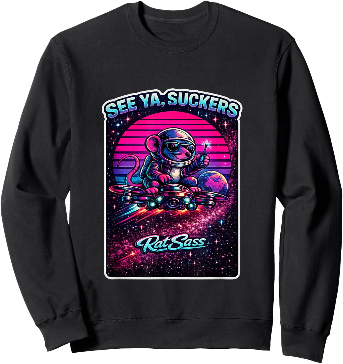 Space Escape Cartoon Rat Astronaut Drone Retro Sci-Fi Humor Sweatshirt - Sweatshirt | Black