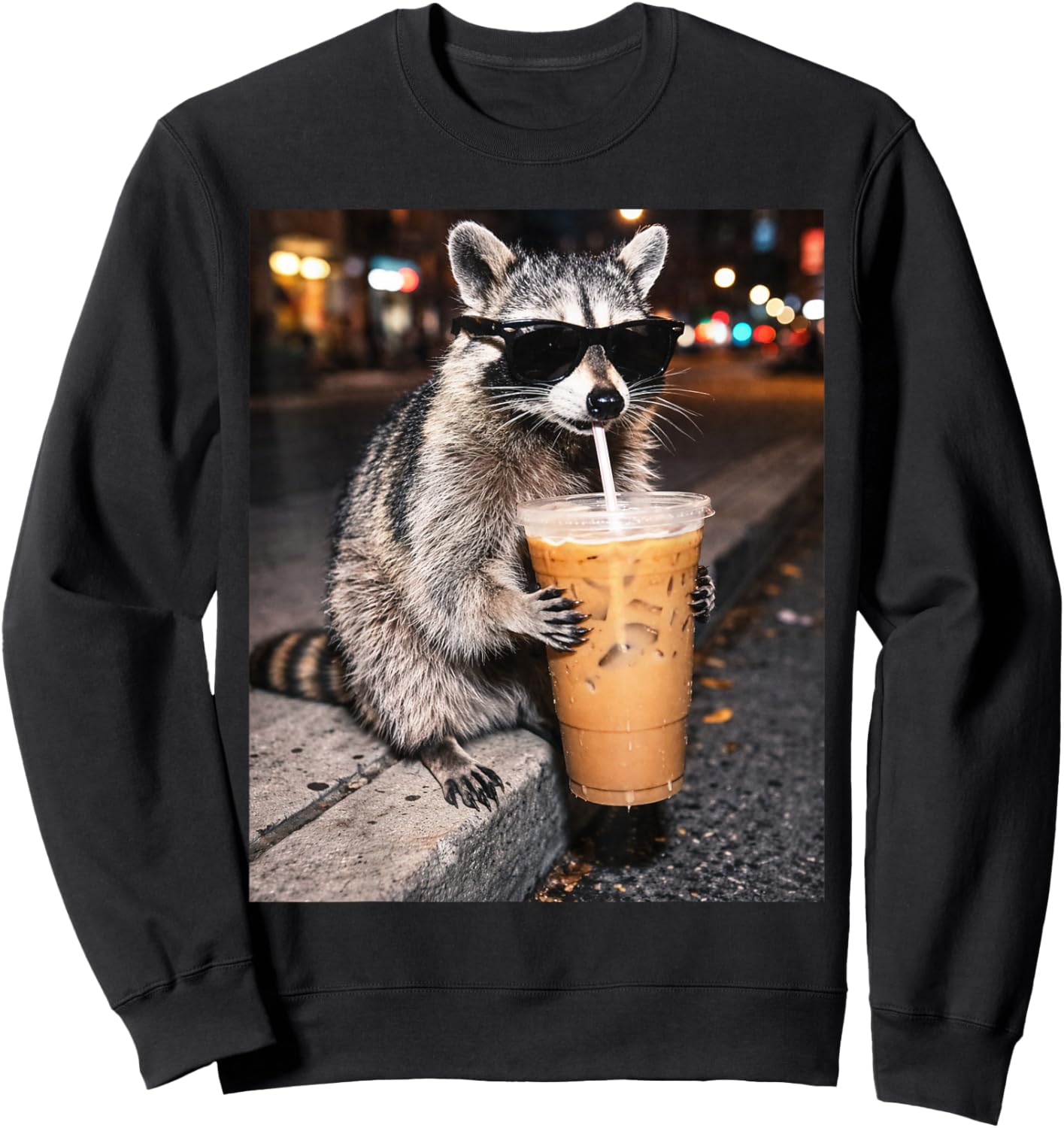 Funny Raccoon Drinking Iced Coffee Animal Meme Sweatshirt - Sweatshirt | Black