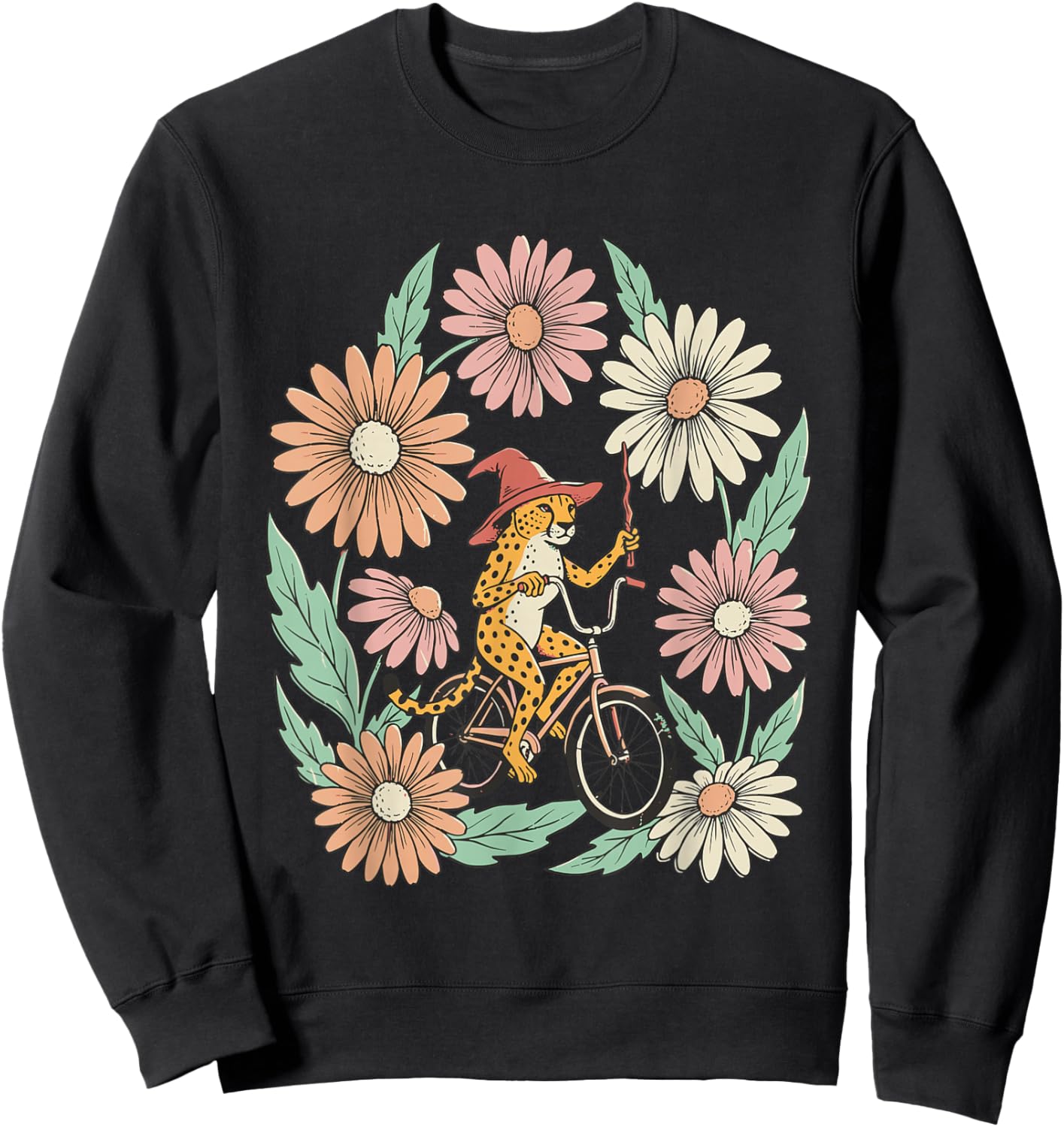 Vintage Cheetah Witch Riding Bicycle Floral Sweatshirt - Sweatshirt | Black
