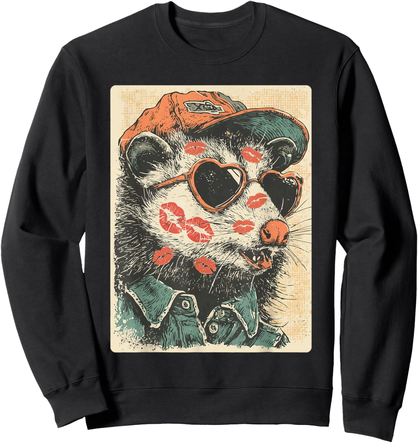 Cute Opossum with Sunglasses Kisses Valentine's Day Possum Sweatshirt - Sweatshirt | Black