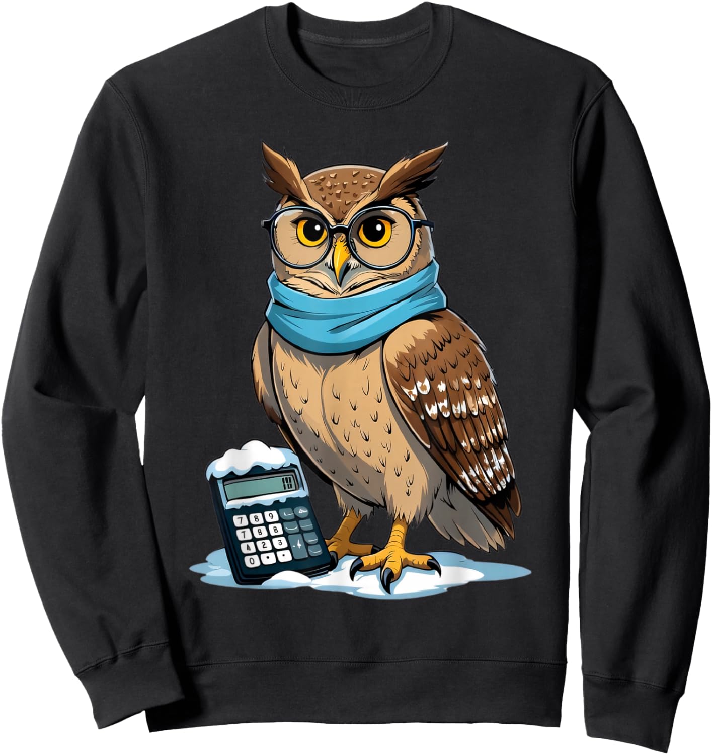Cartoon Owl with Glasses and Calculator in Snow Sweatshirt - Sweatshirt | Black