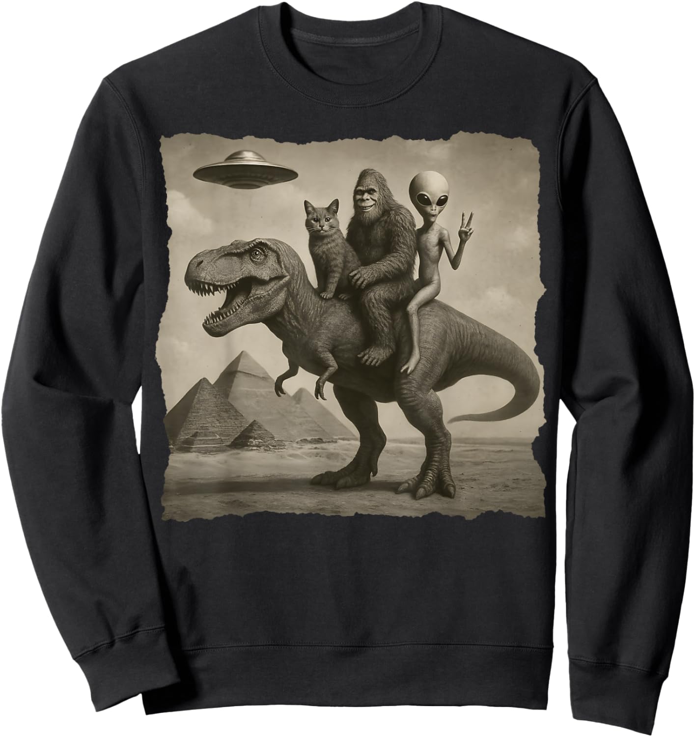 Cat with Alien and Bigfoot Riding a T-Rex at Giza Pyramids Sweatshirt - Sweatshirt | Black