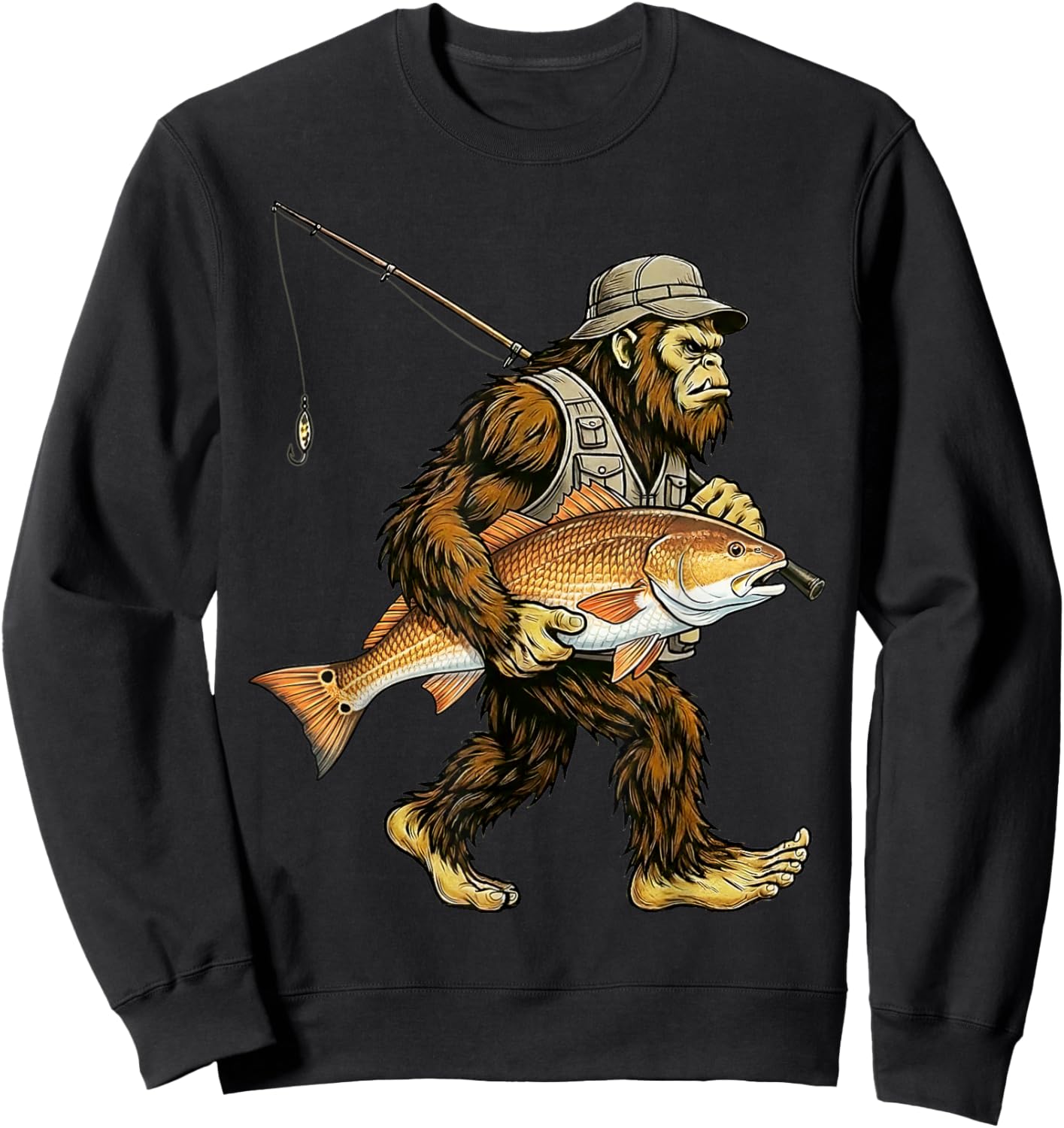 Redfish Bigfoot Fisherman Saltwater Fishing Sasquatch Sweatshirt - Sweatshirt | Black