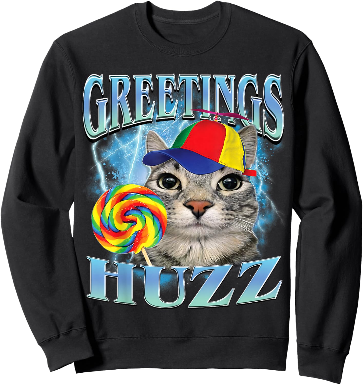 Greetings Huzz Funny Lollipop Cat Meme Sweatshirt - Sweatshirt | Black