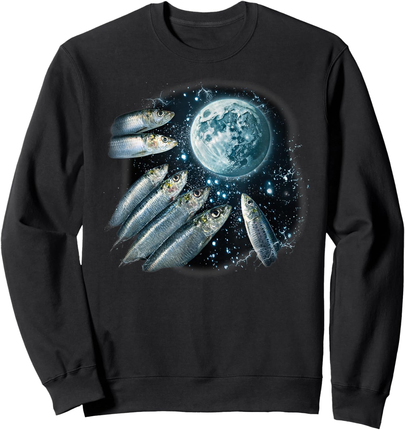 Three Sardines Howling at Moon Retro Sardine Fish Lover Sweatshirt - Sweatshirt | Black