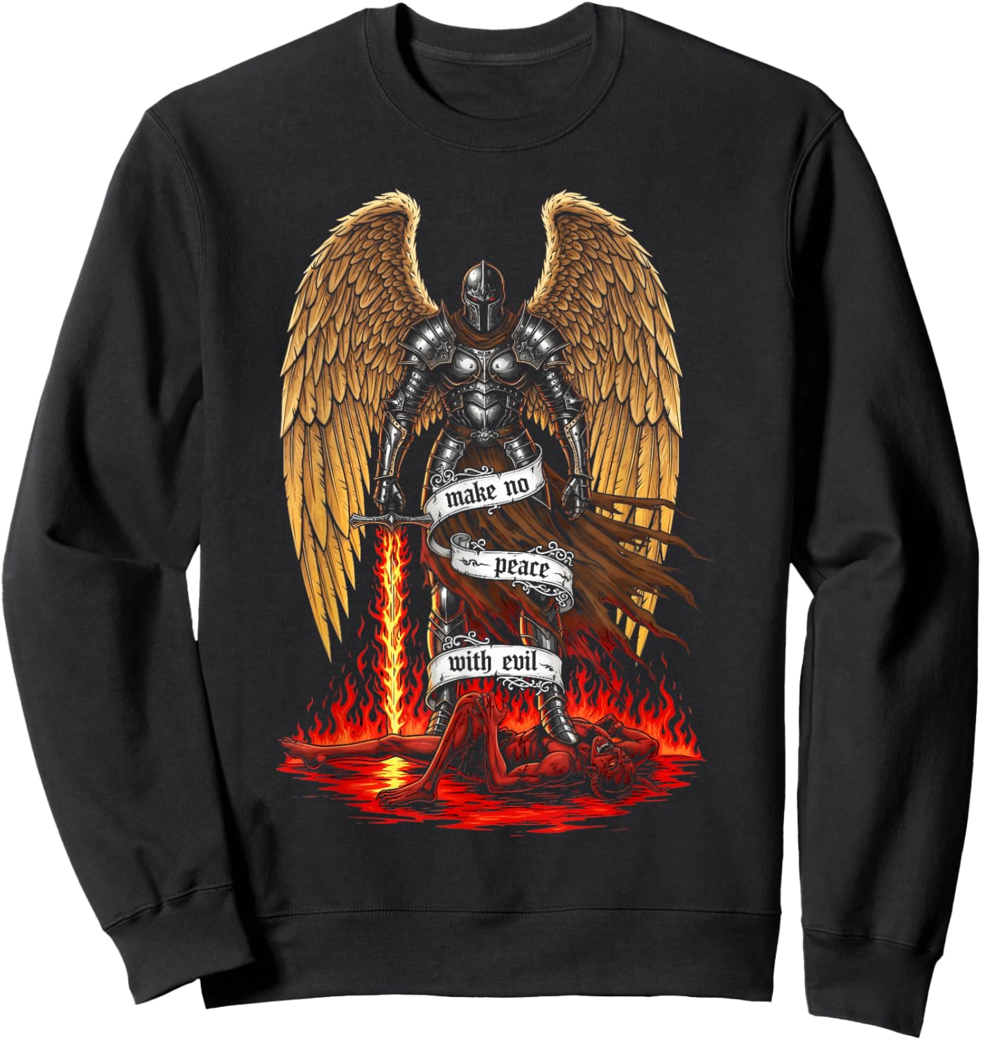 Archangel Michael Faith Design Make No Peace with Evil Sweatshirt - Sweatshirt | Black