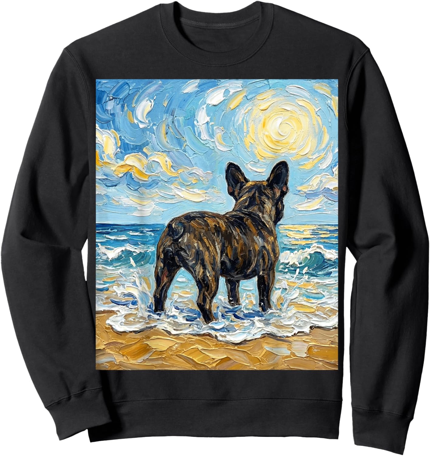Brindle French Bulldog at The Beach Frenchie Dog Artwork Sweatshirt - Sweatshirt | Black