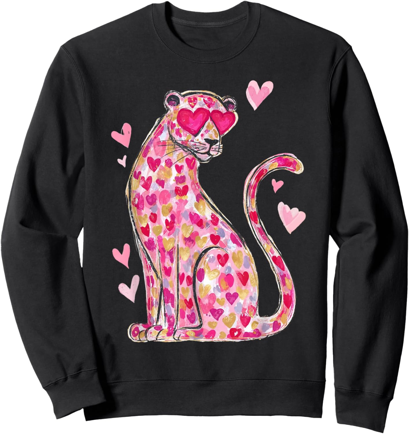 Valentine Leopard Cat Cheetah Pink Heart Retro Vintage Sweatshirt - Sweatshirt | Black