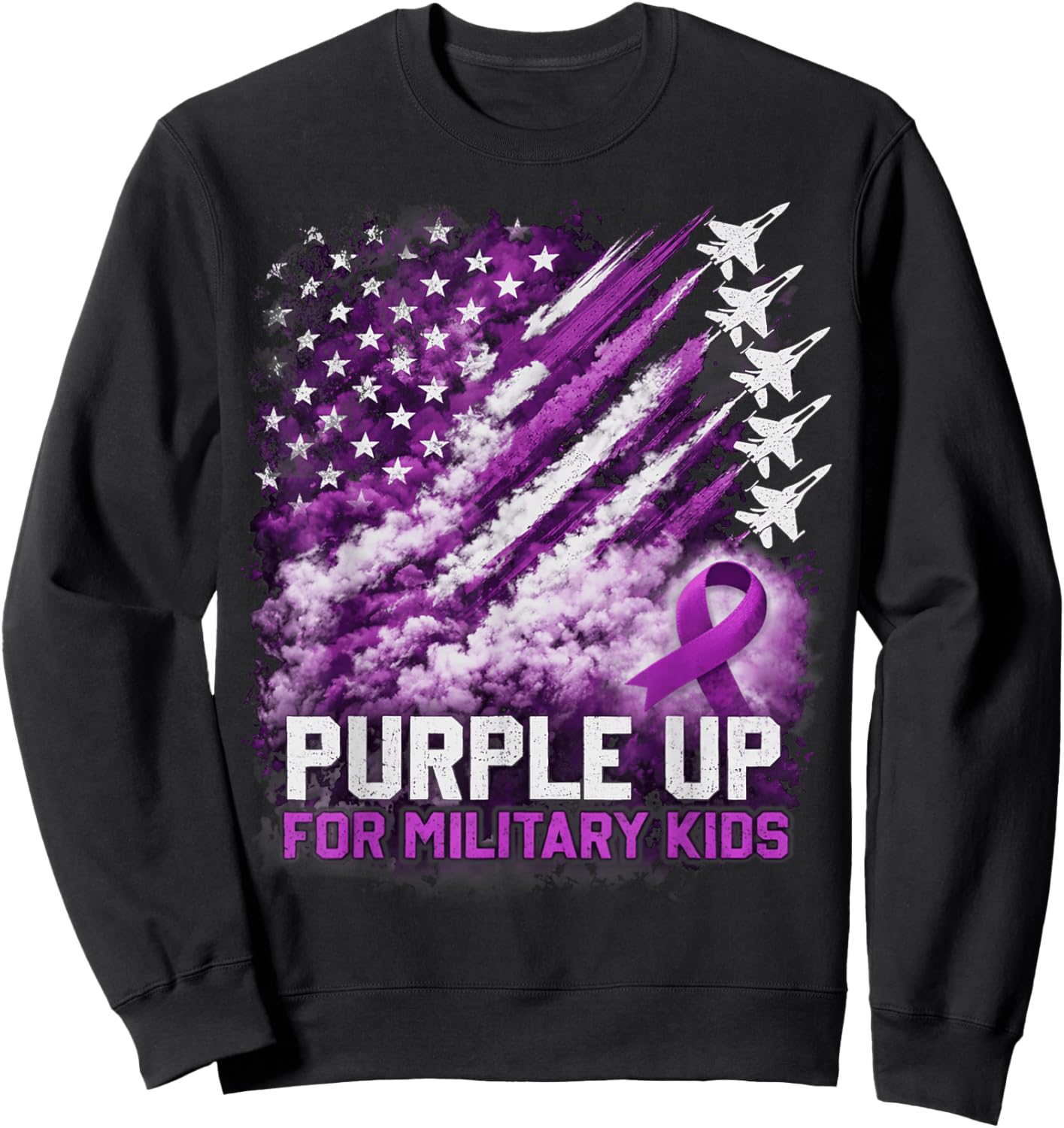 Purple Up Military Kids April Awareness USA Flag Sweatshirt - Sweatshirt | Black