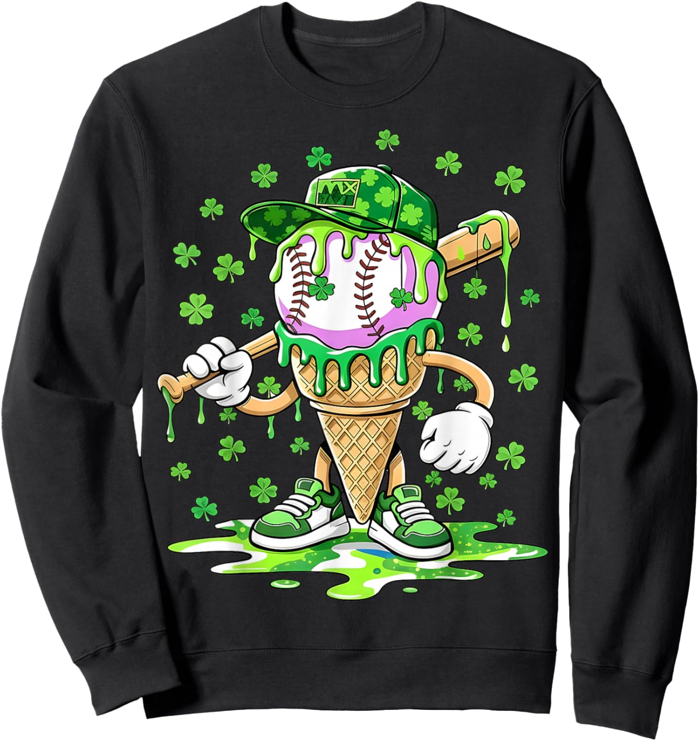 Kids Baseball Drip Ice Cream Apparel Boys St Patrick Day Sweatshirt - Sweatshirt | Black