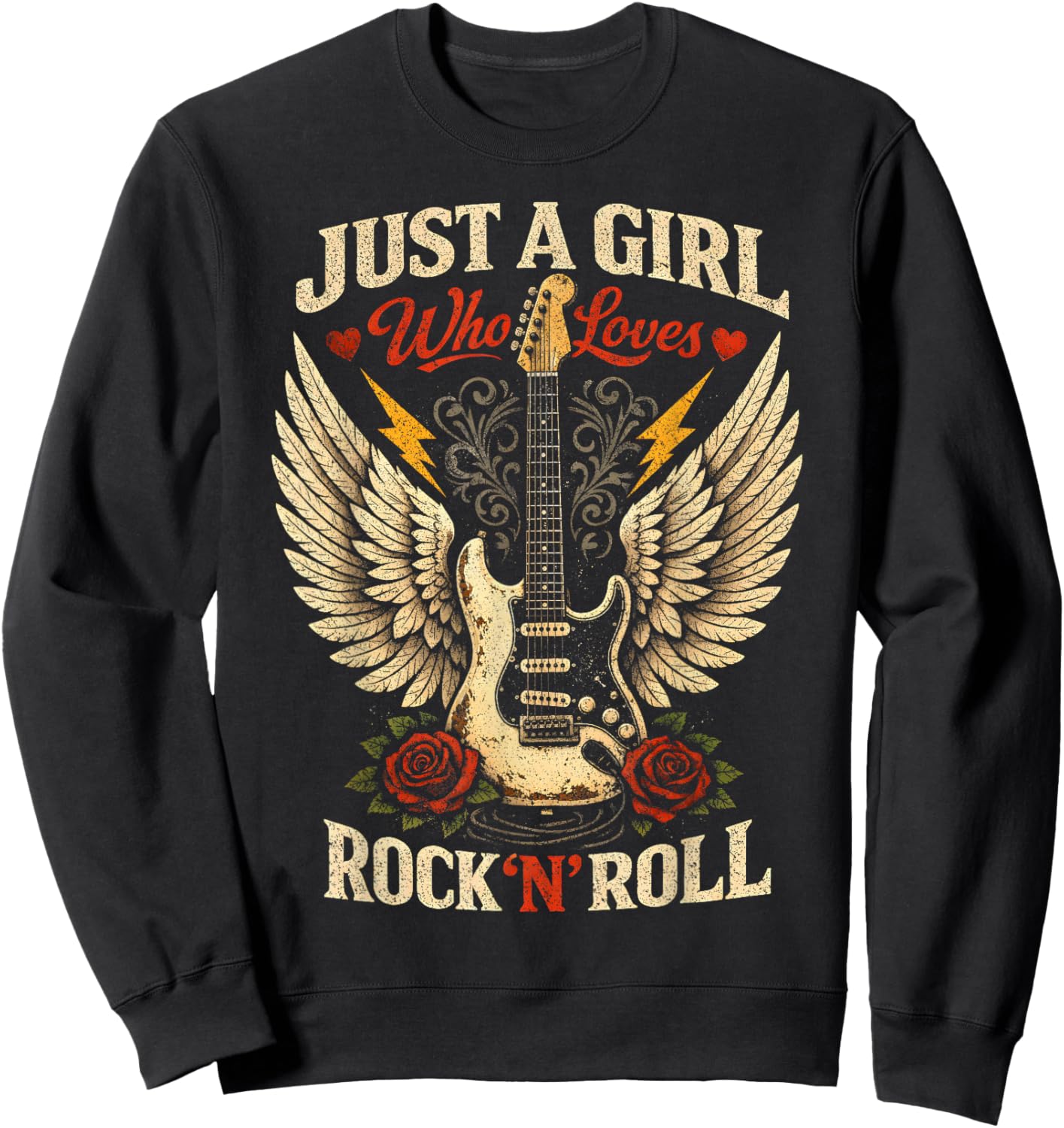 Just a Girl Who Loves Rock N Roll Guitar Wings Roses Sweatshirt - Sweatshirt | Black
