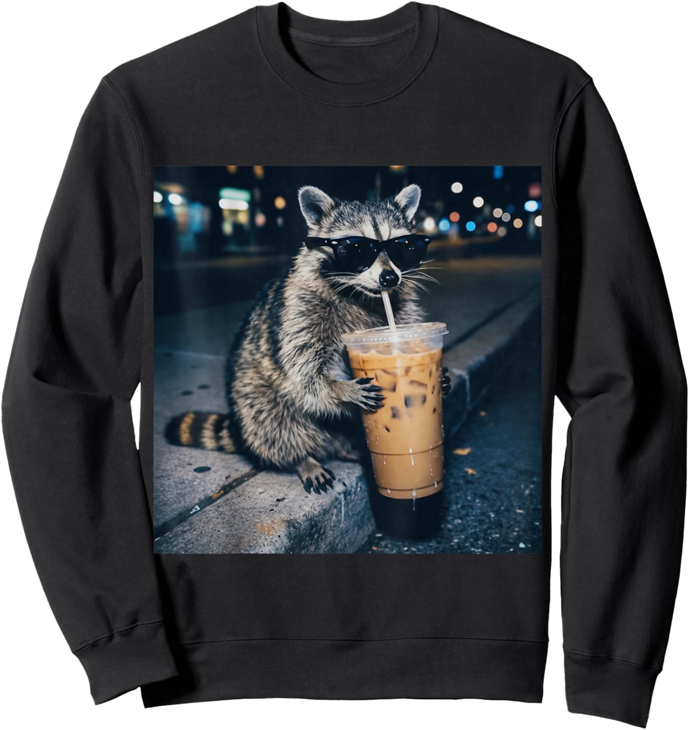 Raccoon Drinking Iced Coffee Funny Animal Meme Sweatshirt - Sweatshirt | Black