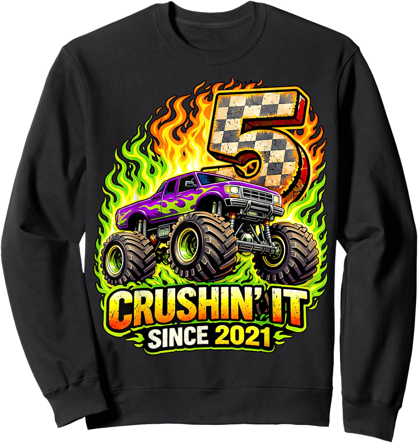 Birthday Monster Truck 5 Year Old Boys 5th Party Born 2021 Sweatshirt - Sweatshirt | Black