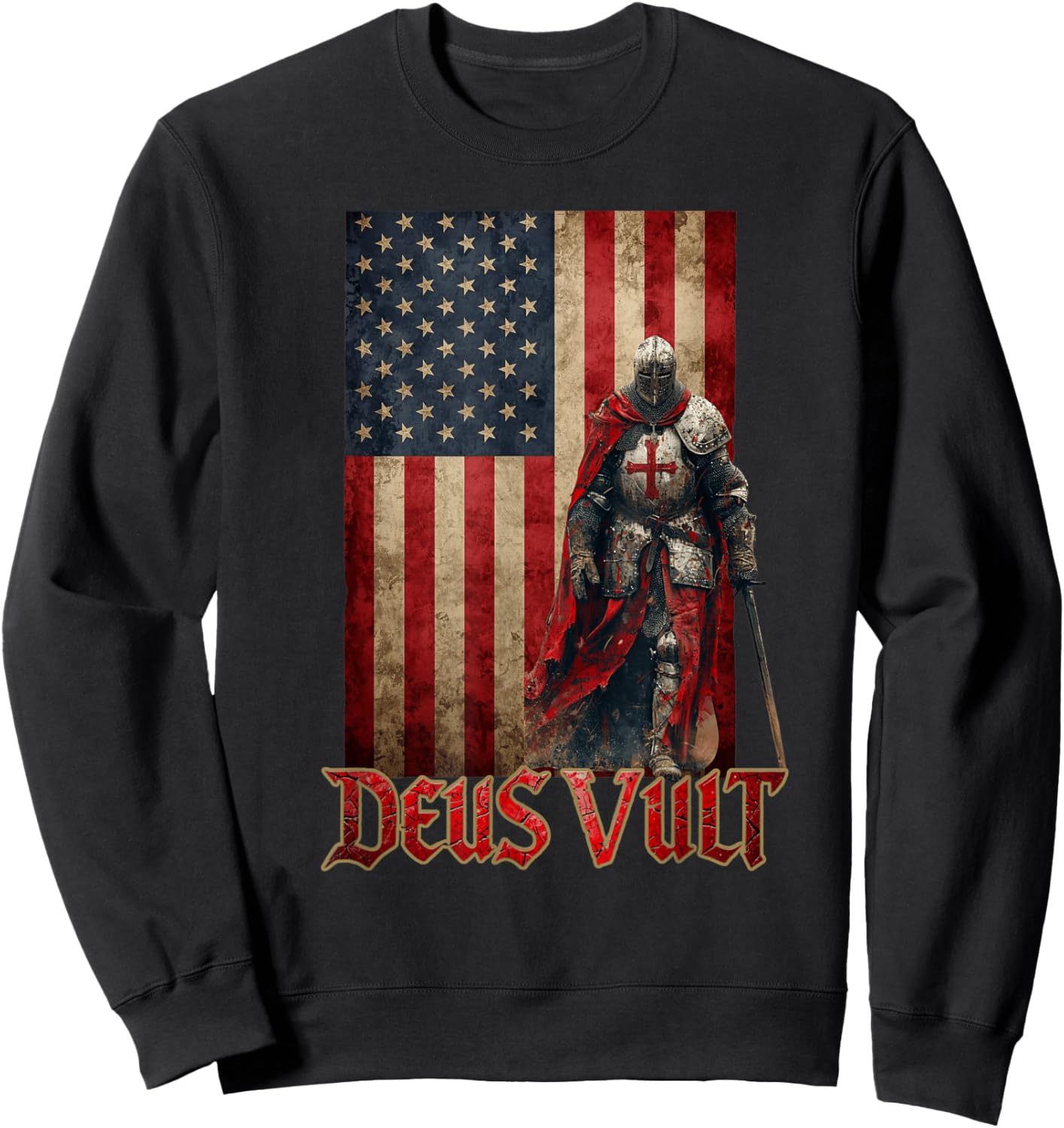 Deus Vult Knight Templar American Flag Crusader Sweatshirt - Sweatshirt | Black