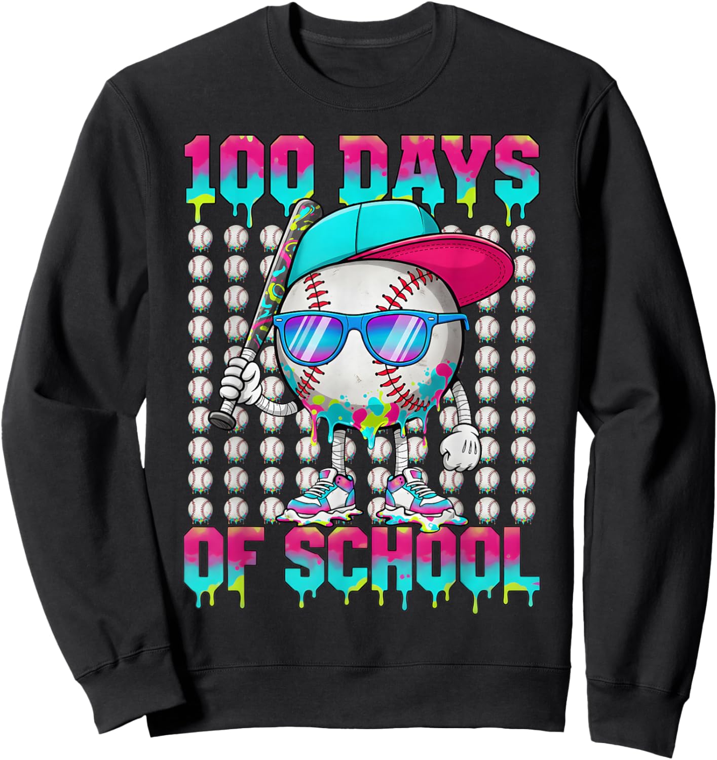 100 Days of School Baseball Drip Ice Cream Boys Kids Sweatshirt - Sweatshirt | Black