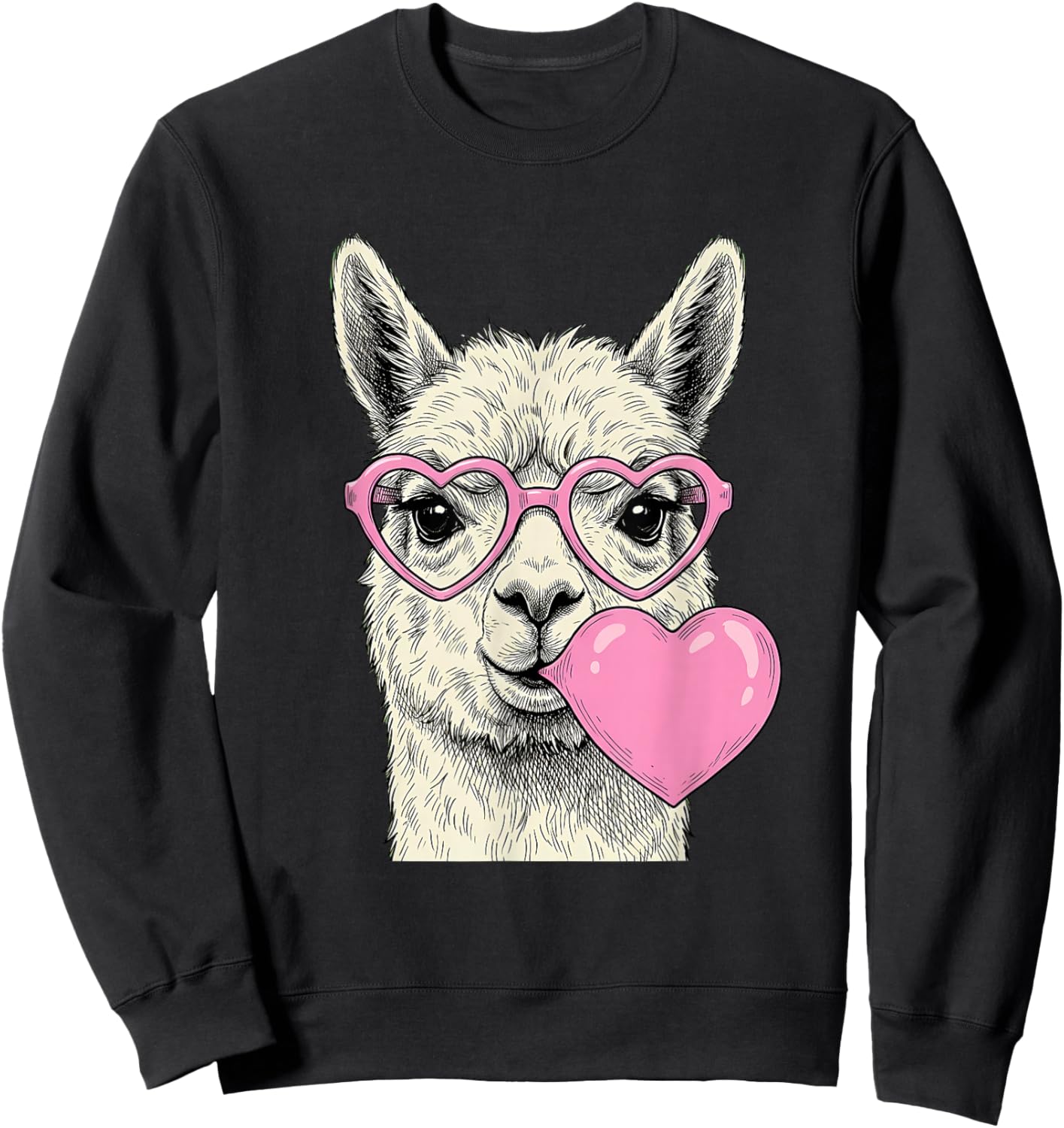 Cute Alpaca Blowing Pink Valentine Heart Bubble Gum Sweatshirt - Sweatshirt | Black