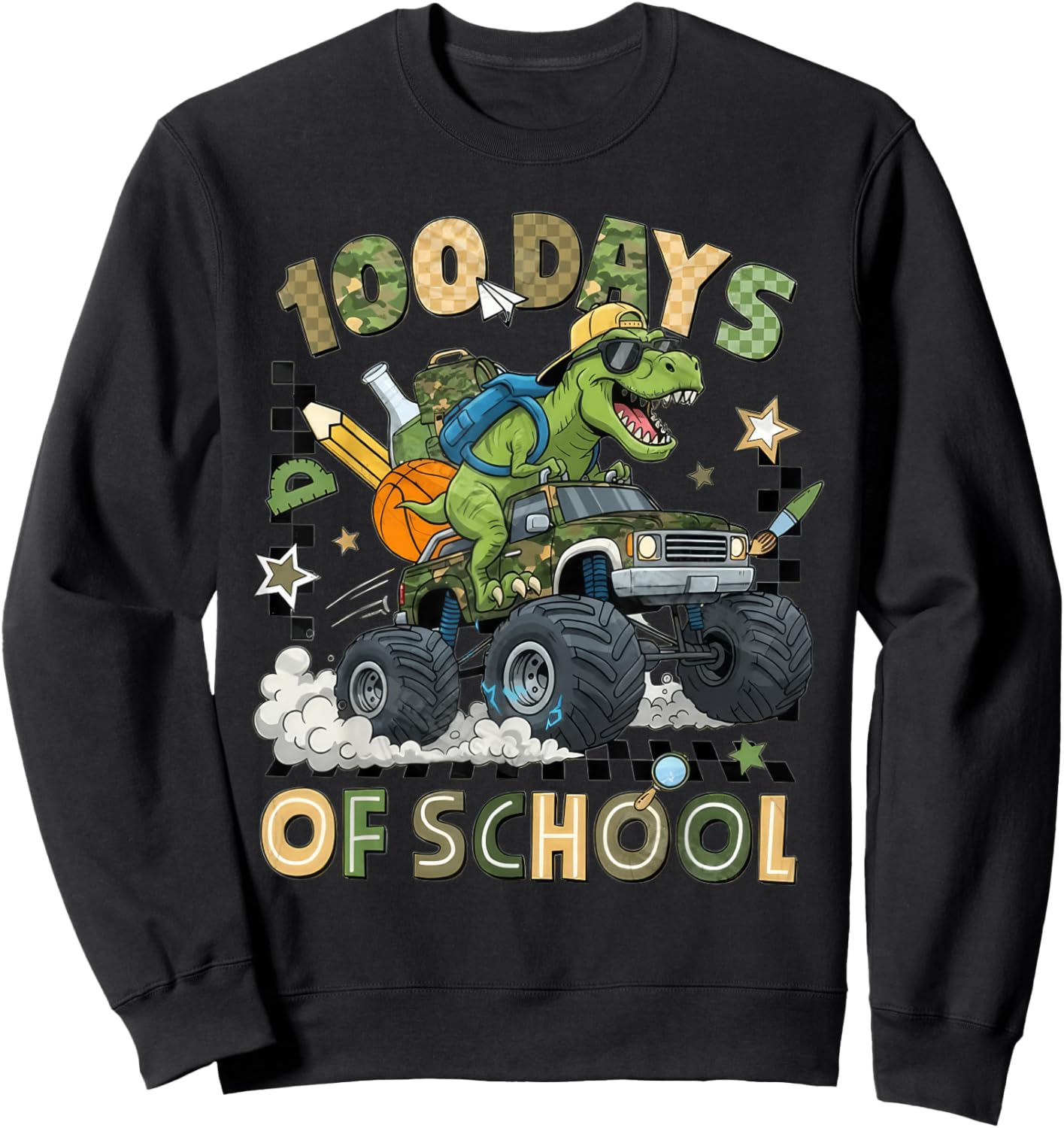 100 Days of School Monster Truck Camo 100th Day School Boys Sweatshirt - Sweatshirt | Black