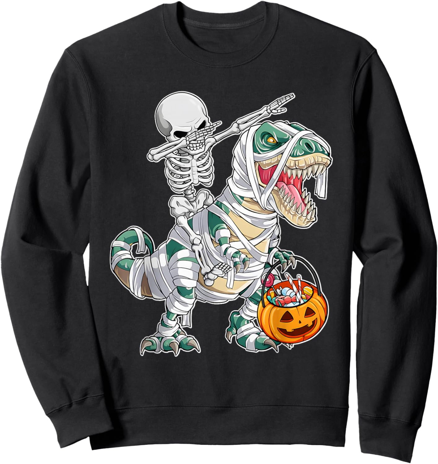 Skeleton Riding Dancing Dab Dinosaur Trex Halloween Funny Sweatshirt - Sweatshirt | Black