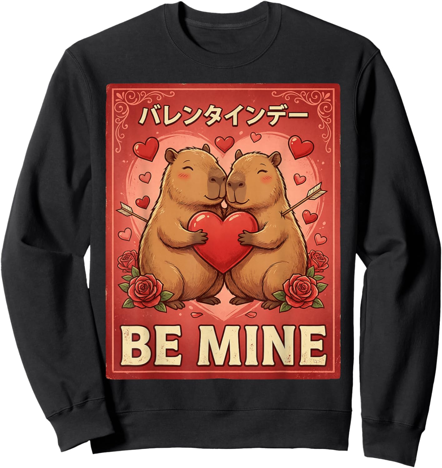 Capybara Valentine Japanese Valentine's Day Sweatshirt - Sweatshirt | Black