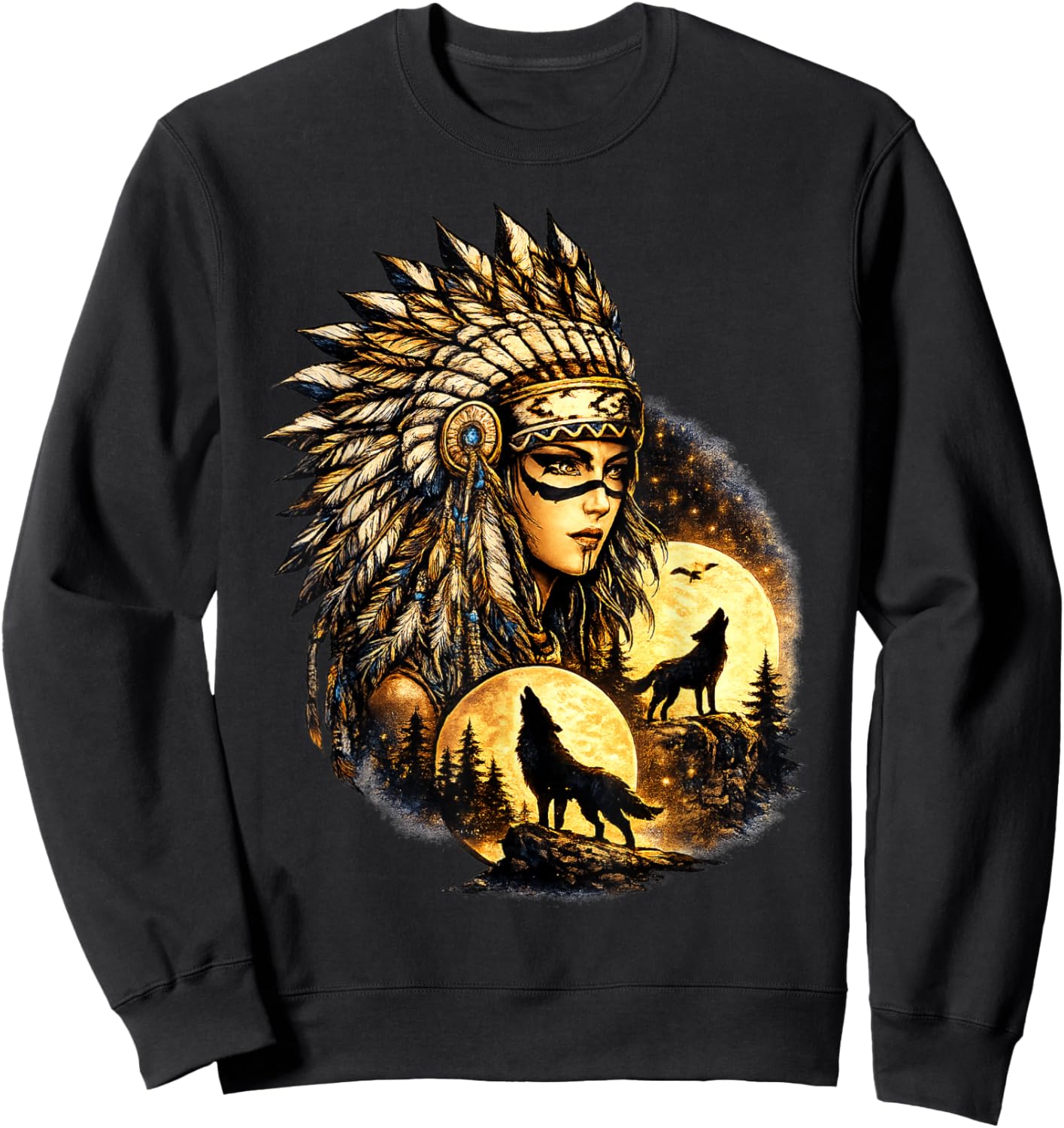 Indian Native American Woman with White Wolf Vitage Gifts Sweatshirt - Sweatshirt | Black