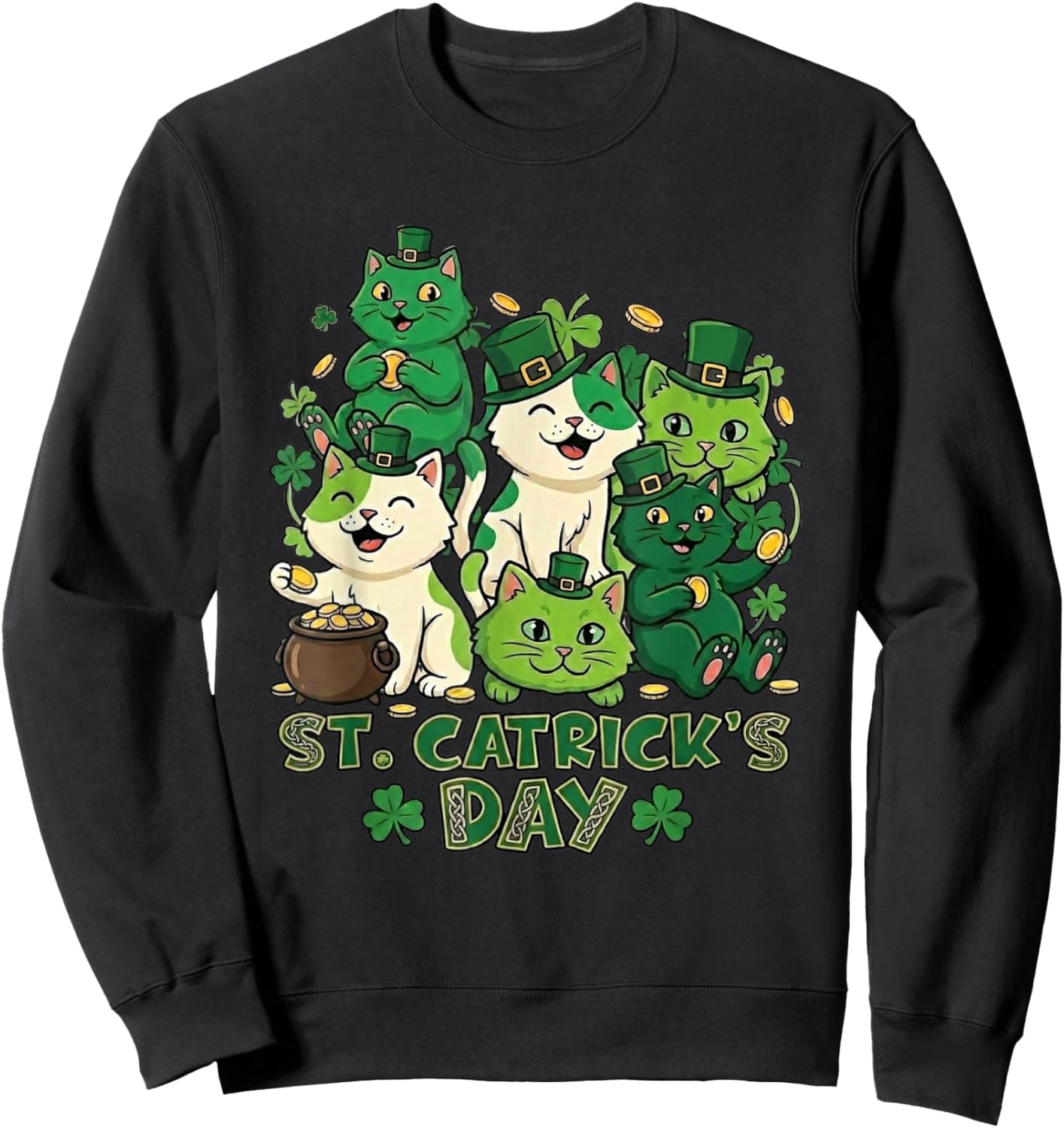 St Catricks Day Funny Cat Lover Leprechaun Kitten Graphic Sweatshirt - Sweatshirt | Black