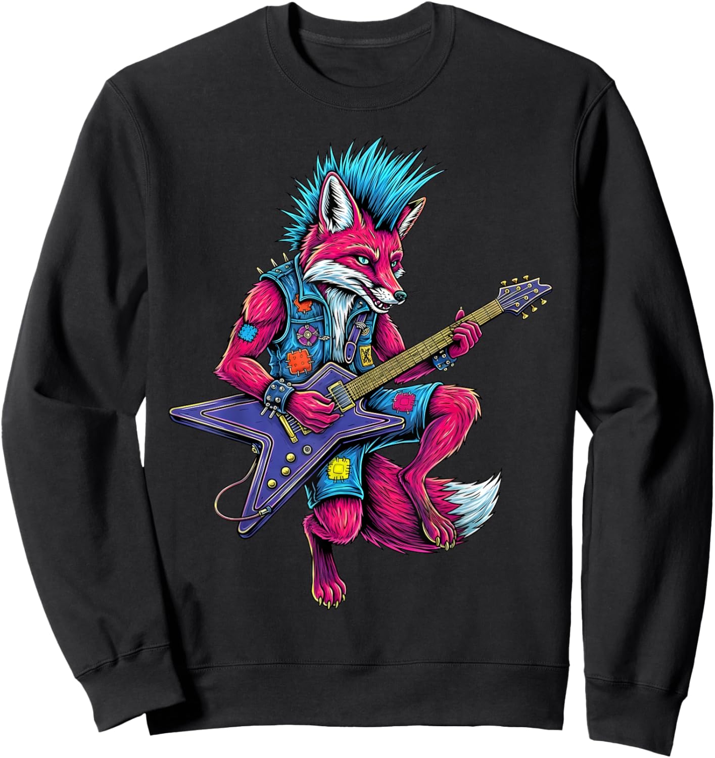 Funny Punk Fox Rocker Playing Electric Guitar Cool Music Art Sweatshirt - Sweatshirt | Black