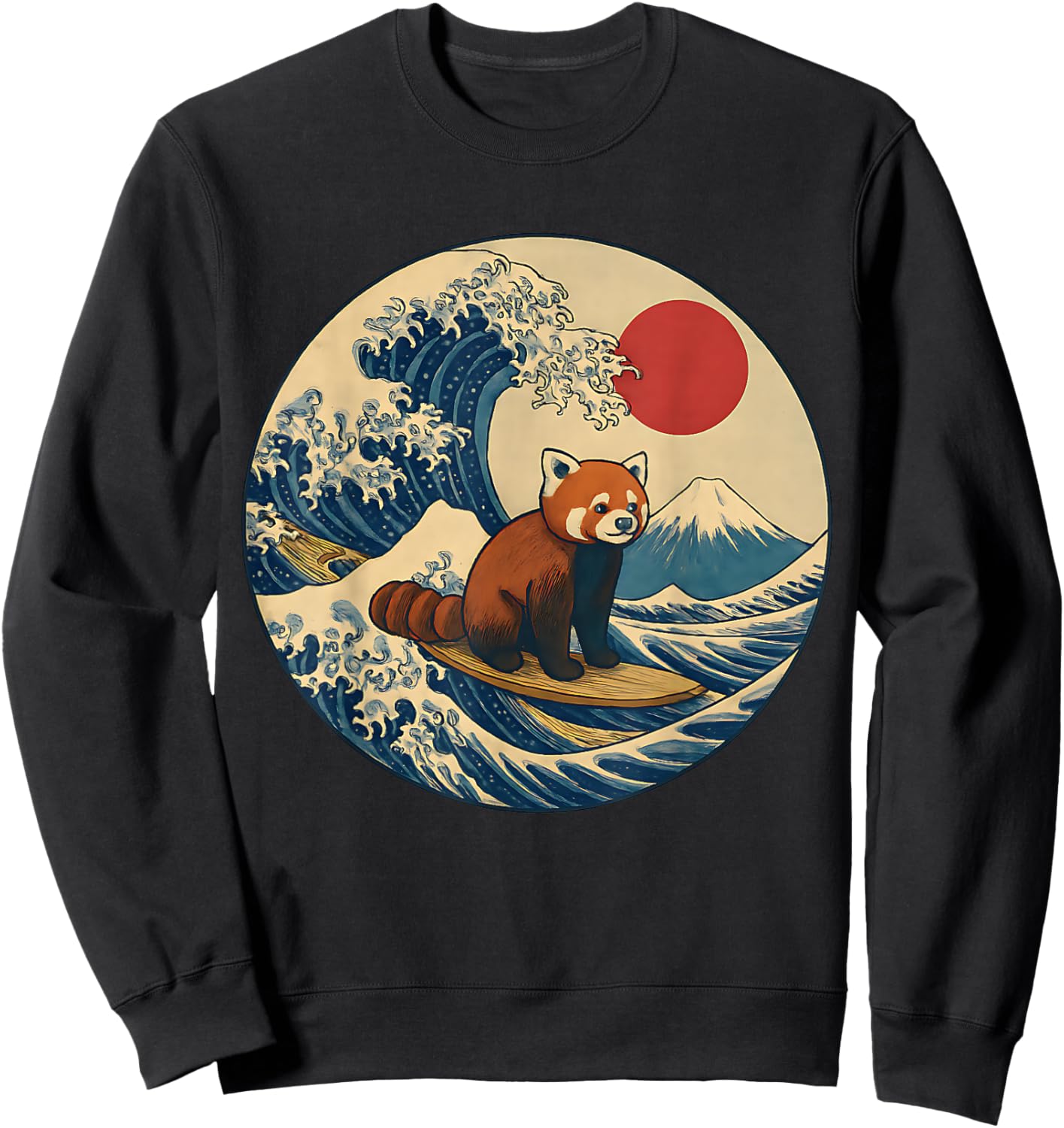 Japanese Surf Animal Red Panda Kanagawa Wave Graphic Sweatshirt - Sweatshirt | Black