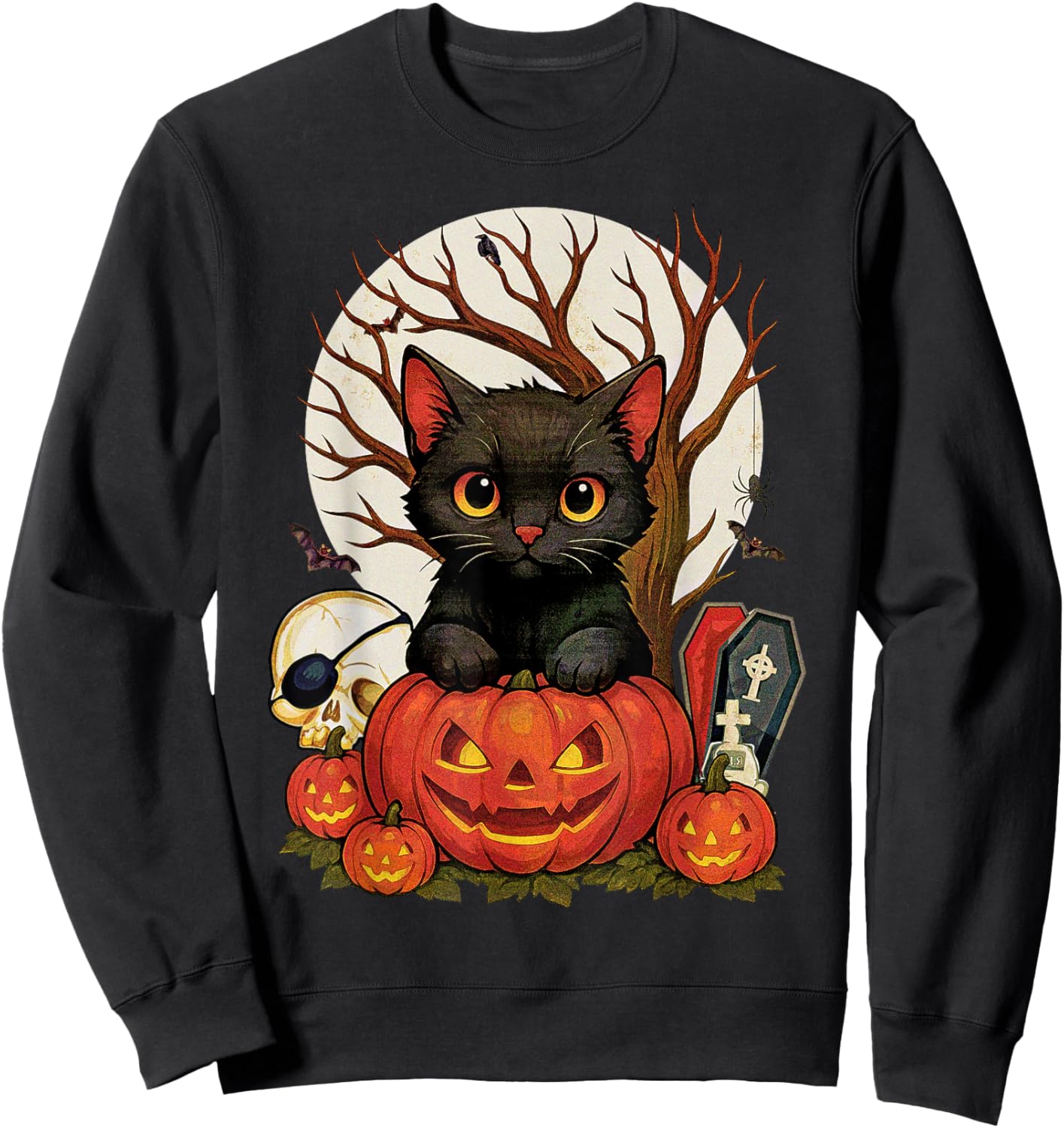 Vintage Halloween Moon Retro Scary Black Cat Men Graphic Sweatshirt - Sweatshirt | Black