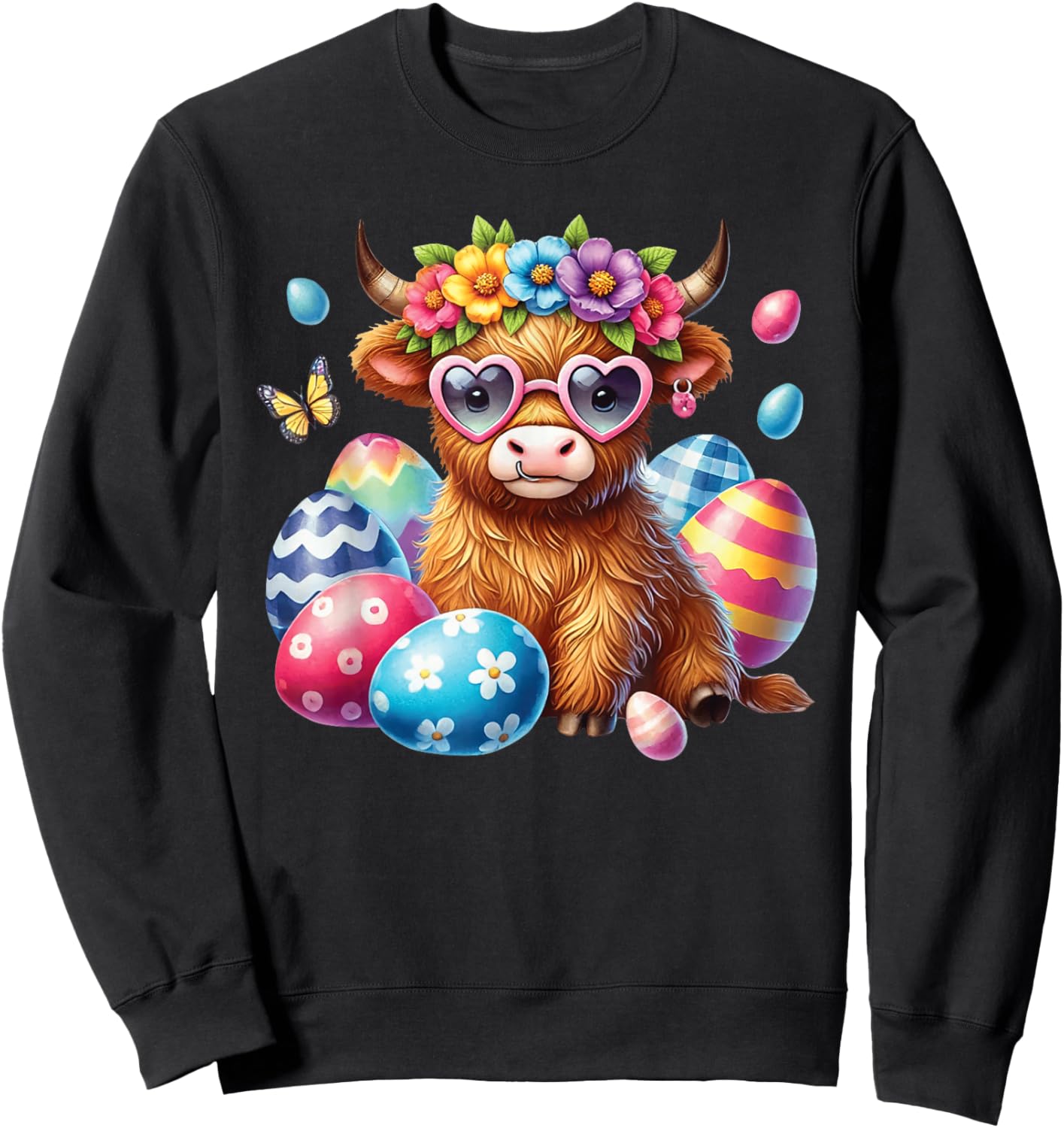 Happy Easter Highland Cow Heifer Easter Day Farmer Cowgirl Sweatshirt - Sweatshirt | Black